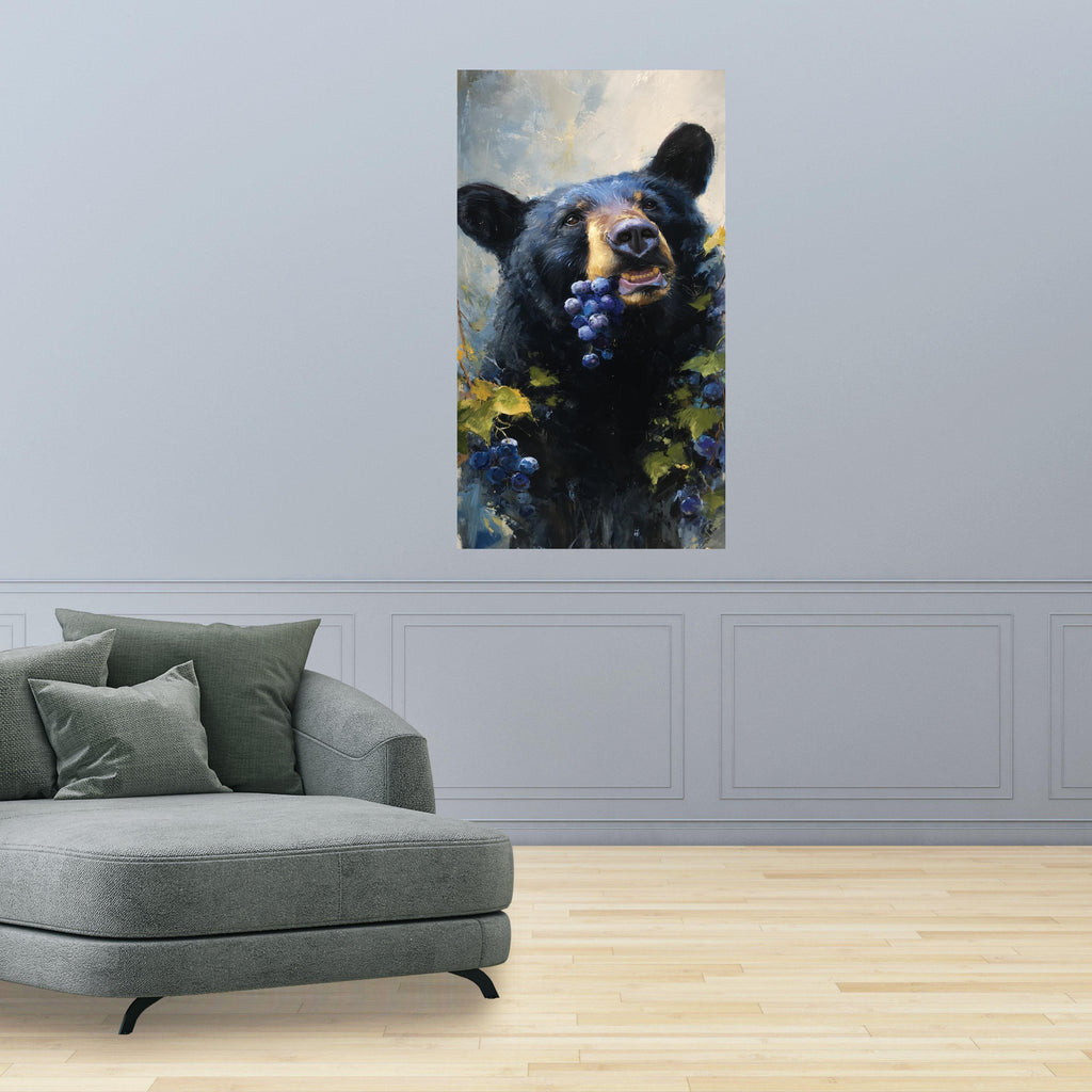 Playful Black Bear with Grapes Canvas, Wildlife Animal Art, Nature Scene Wall Decor, Rustic Cabin Canvas Art, Forest Life Painting