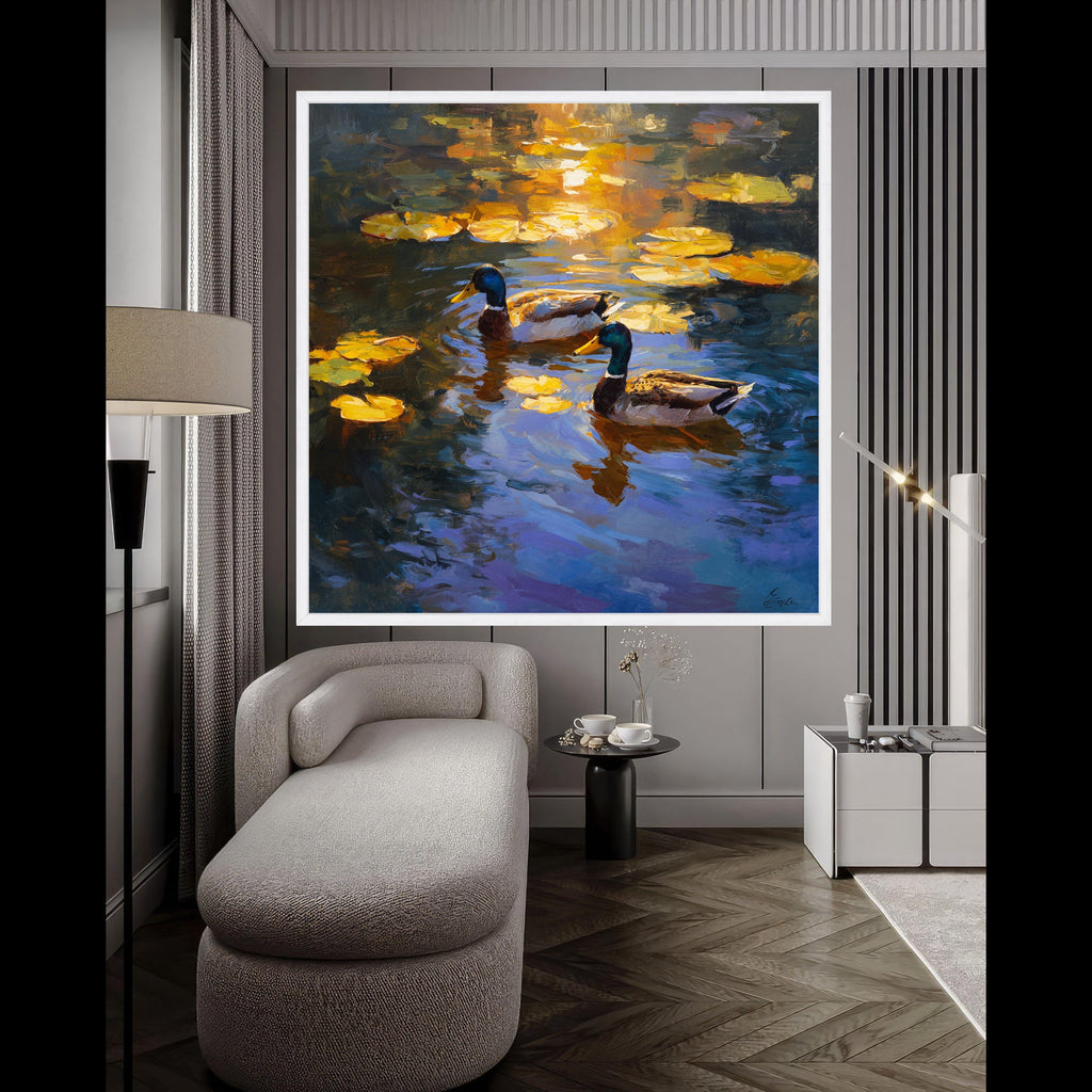 Tranquil Mallard Ducks at Sunset, Water Lilies Canvas, Nature Wildlife Wall Art, Serene Pond Scene, Home Decoration Canvas Print