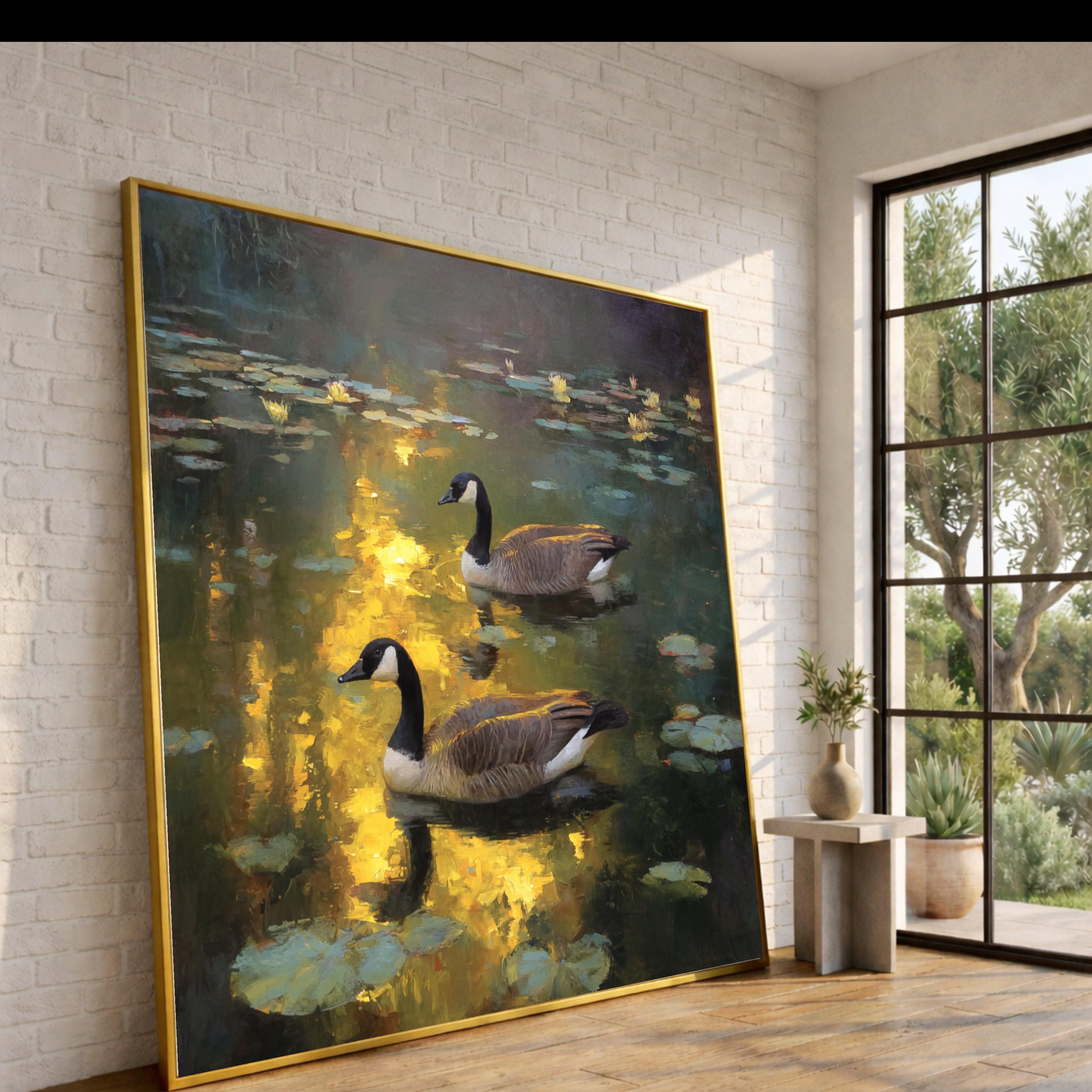 Tranquil Canada Geese on Pond Canvas, Water Lily Reflection Wall Art, Nature Wildlife Scene, Serene Waterfowl Home Decor, Ready to Hang