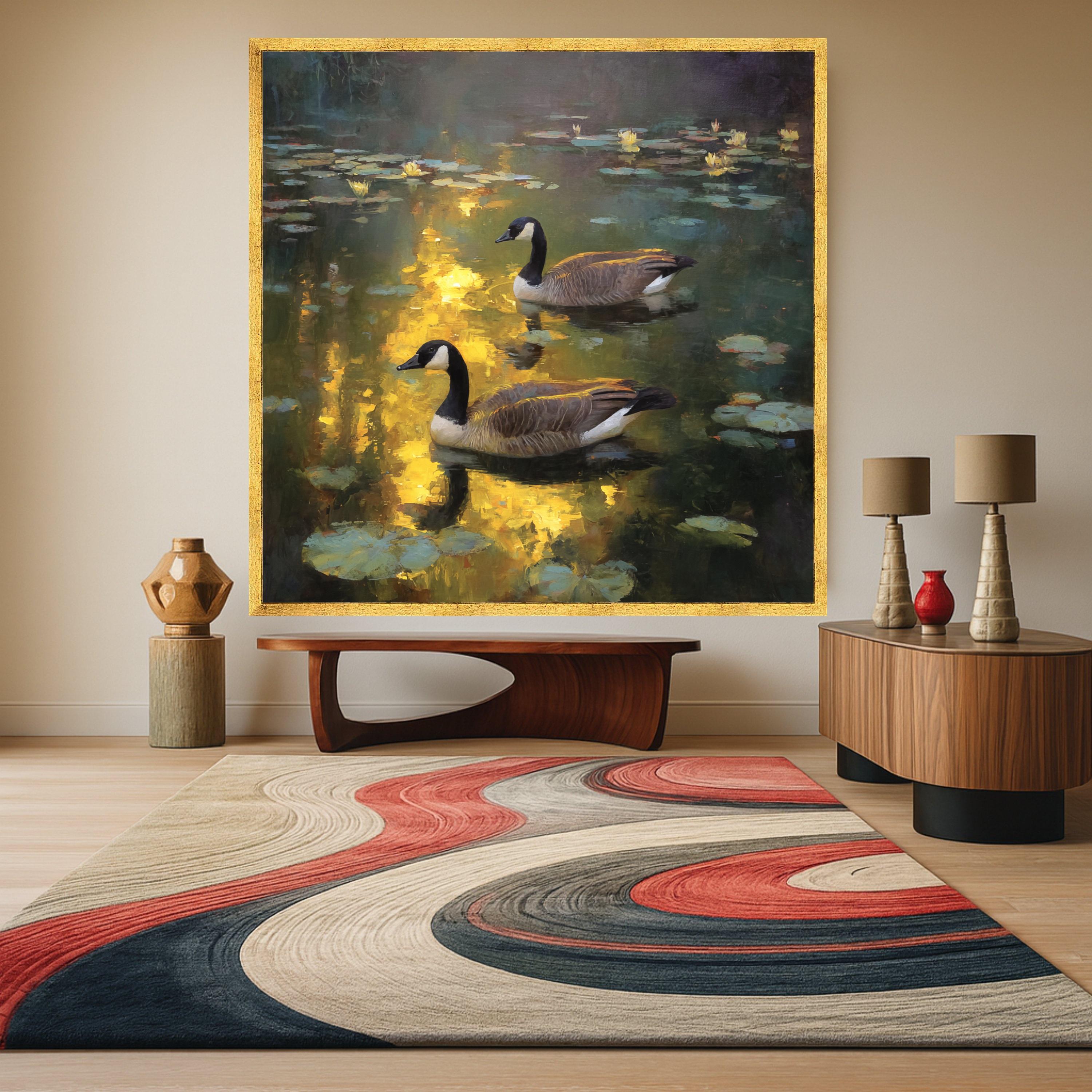 Tranquil Canada Geese on Pond Canvas, Water Lily Reflection Wall Art, Nature Wildlife Scene, Serene Waterfowl Home Decor, Ready to Hang