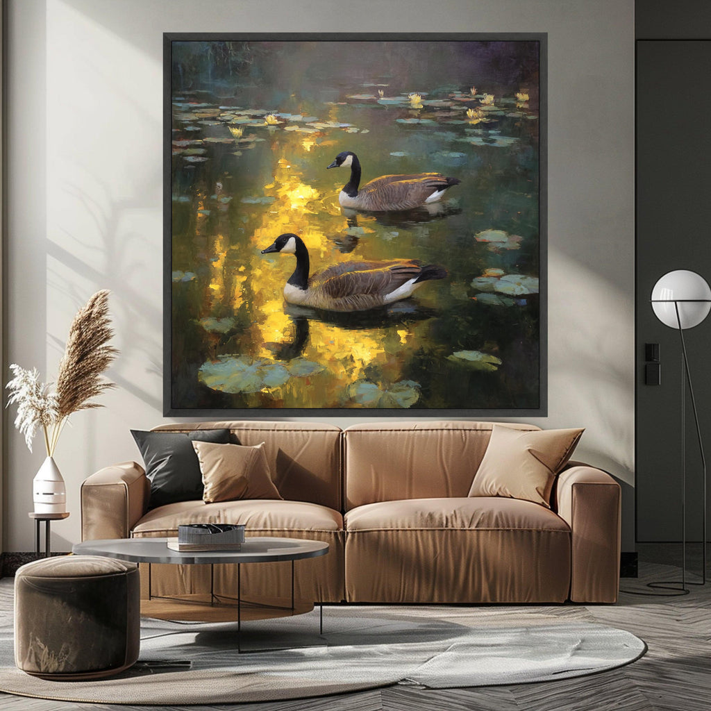Tranquil Canada Geese on Pond Canvas, Water Lily Reflection Wall Art, Nature Wildlife Scene, Serene Waterfowl Home Decor, Ready to Hang