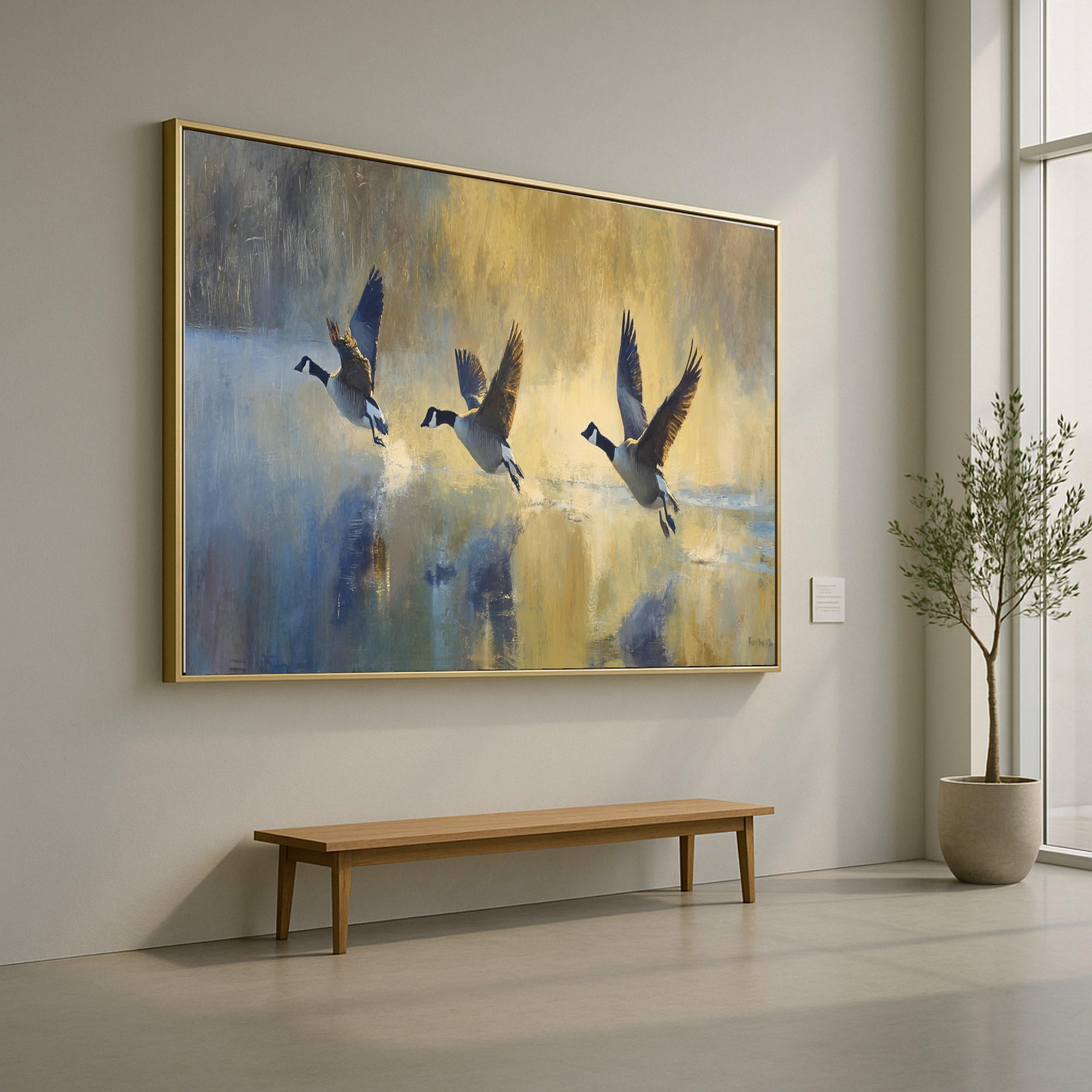 Canada Geese Flying Over Water Canvas, Wildlife Wall Art, Nature Bird Painting, Rustic Home Decor, Waterfowl Canvas Print, Ready to Hang