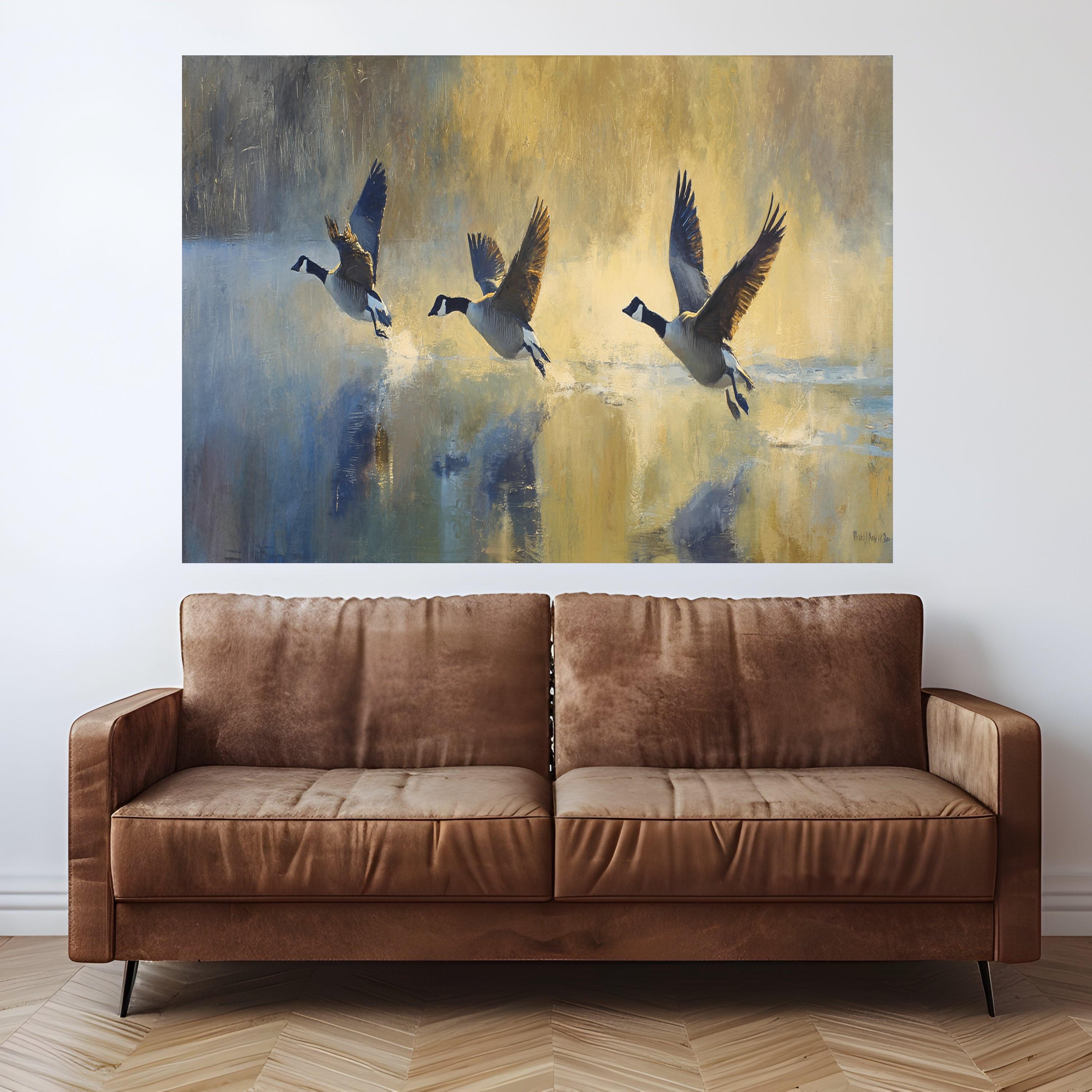 Canada Geese Flying Over Water Canvas, Wildlife Wall Art, Nature Bird Painting, Rustic Home Decor, Waterfowl Canvas Print, Ready to Hang