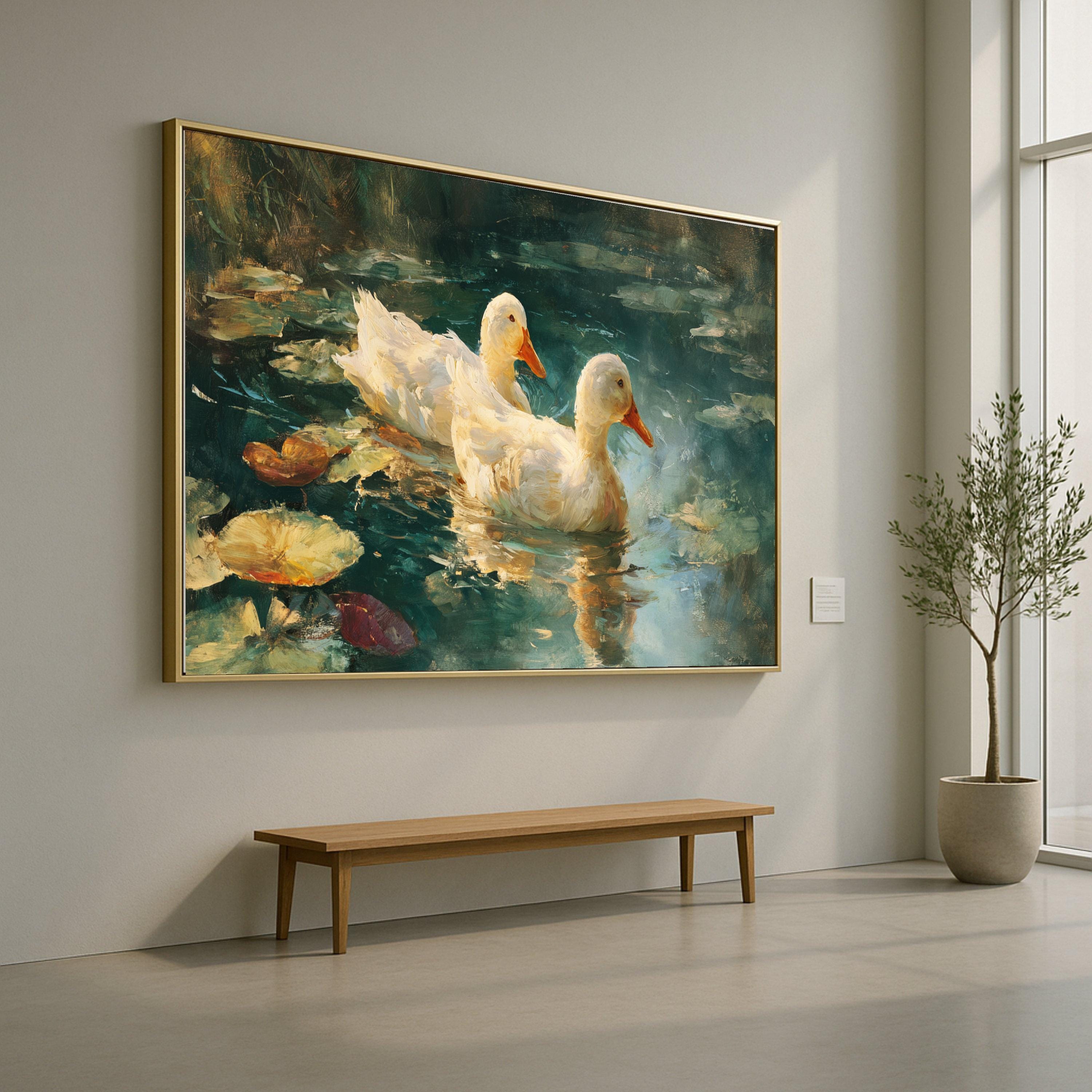 Serene White Ducks Canvas, Nature Waterfowl Wall Art, Tranquil Pond Scene, Water Lilies Canvas, Rustic Home Decor, Ready to Hang