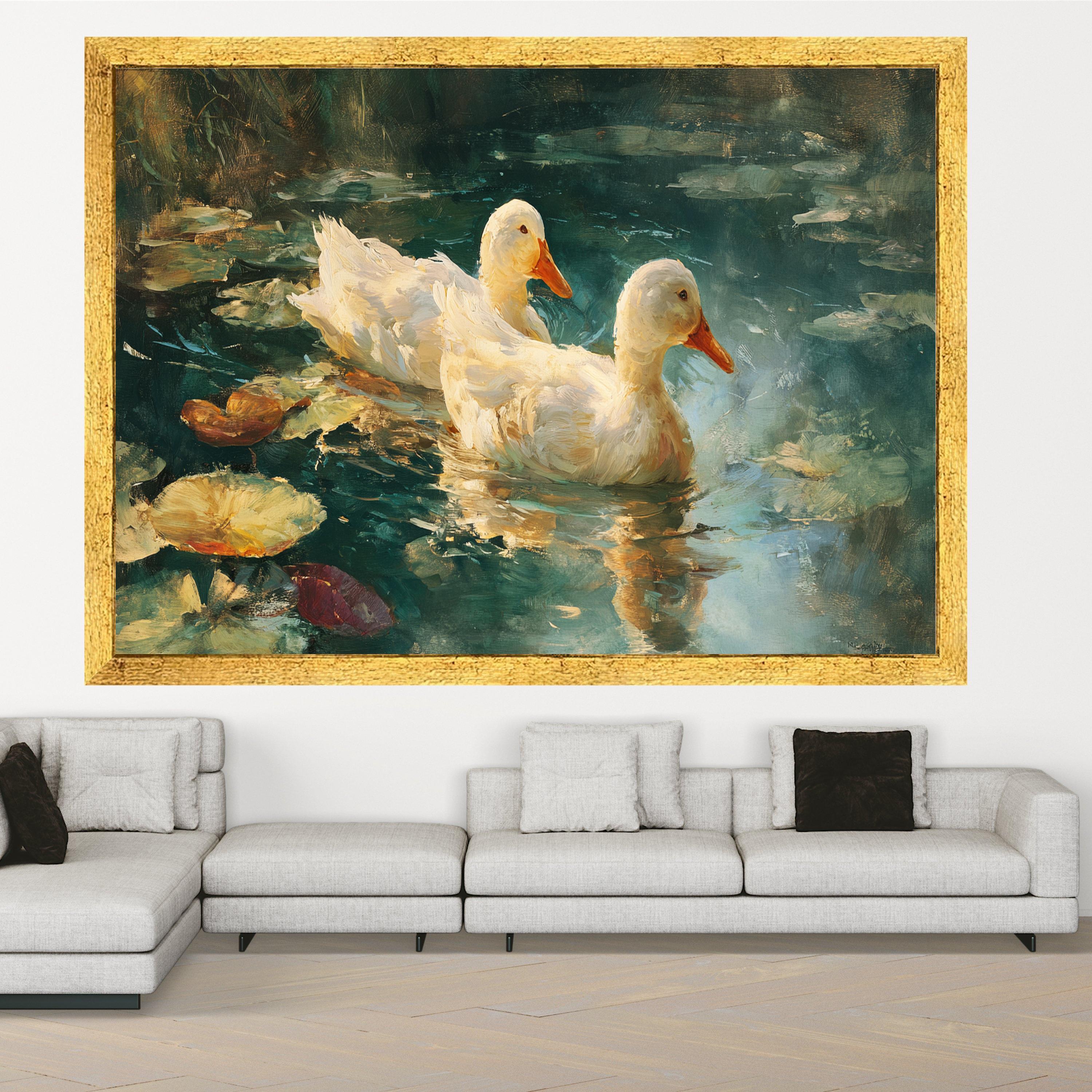 Serene White Ducks Canvas, Nature Waterfowl Wall Art, Tranquil Pond Scene, Water Lilies Canvas, Rustic Home Decor, Ready to Hang