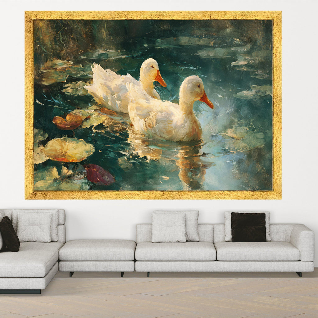 Serene White Ducks Canvas, Nature Waterfowl Wall Art, Tranquil Pond Scene, Water Lilies Canvas, Rustic Home Decor, Ready to Hang