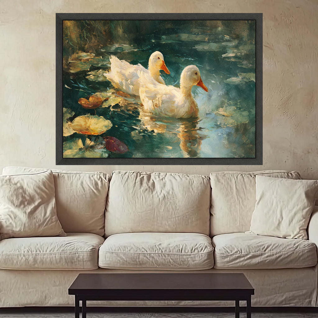 Serene White Ducks Canvas, Nature Waterfowl Wall Art, Tranquil Pond Scene, Water Lilies Canvas, Rustic Home Decor, Ready to Hang