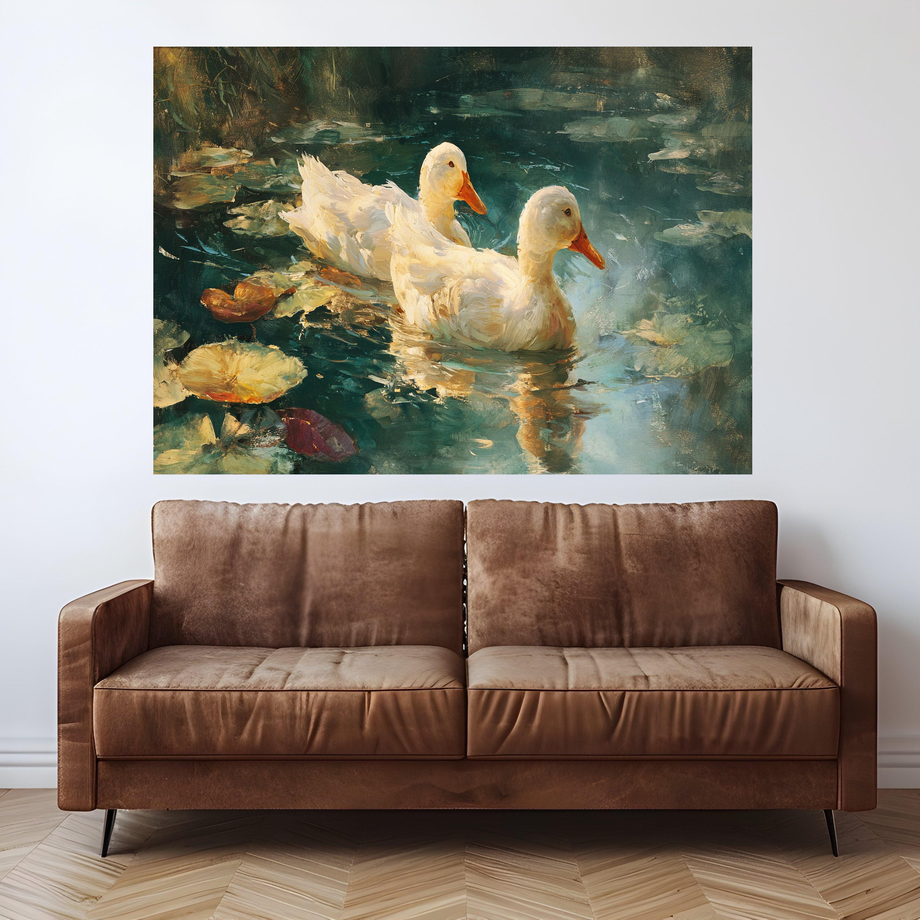 Serene White Ducks Canvas, Nature Waterfowl Wall Art, Tranquil Pond Scene, Water Lilies Canvas, Rustic Home Decor, Ready to Hang