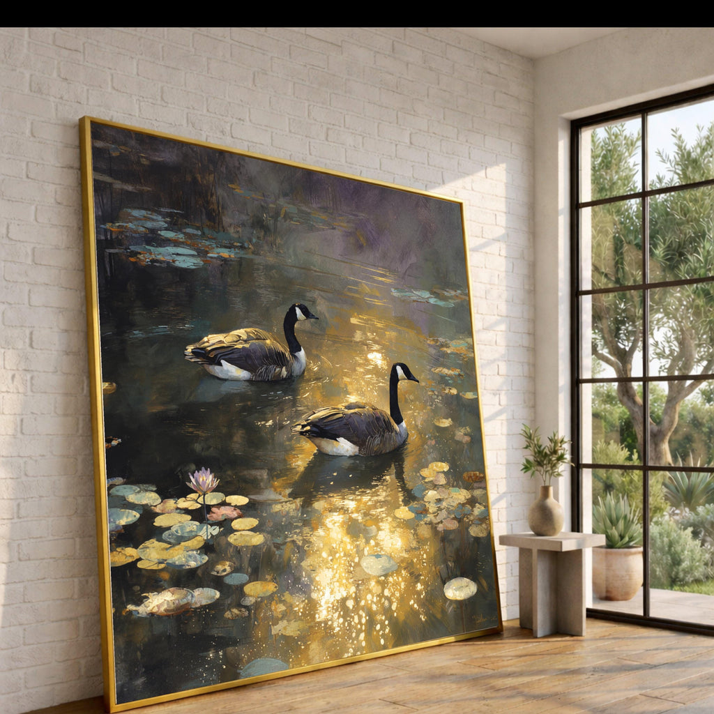 Tranquil Pond Scene with Geese, Water Lilies Canvas Wall Art, Reflective Nature Landscape, Wildlife Painting Print, Golden Hour Home Decor