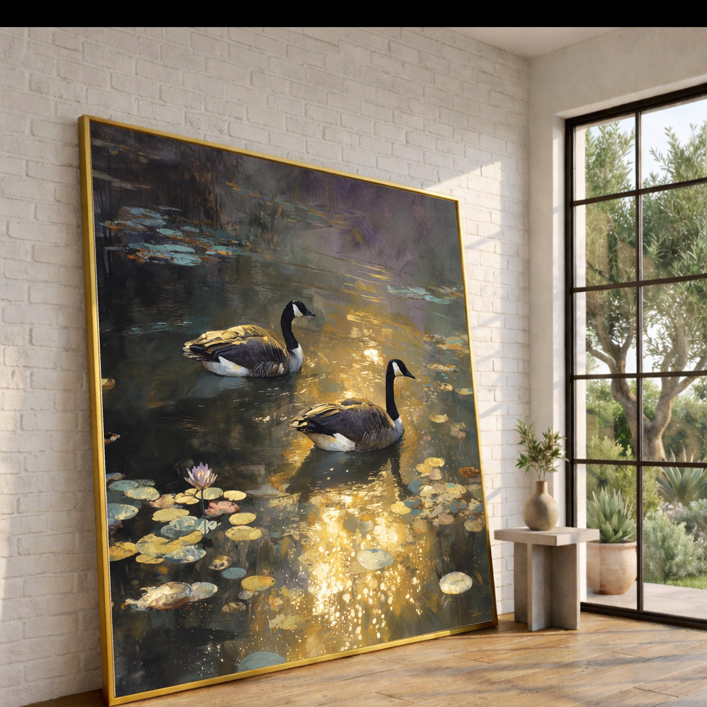 Tranquil Pond Scene with Geese, Water Lilies Canvas Wall Art, Reflective Nature Landscape, Wildlife Painting Print, Golden Hour Home Decor