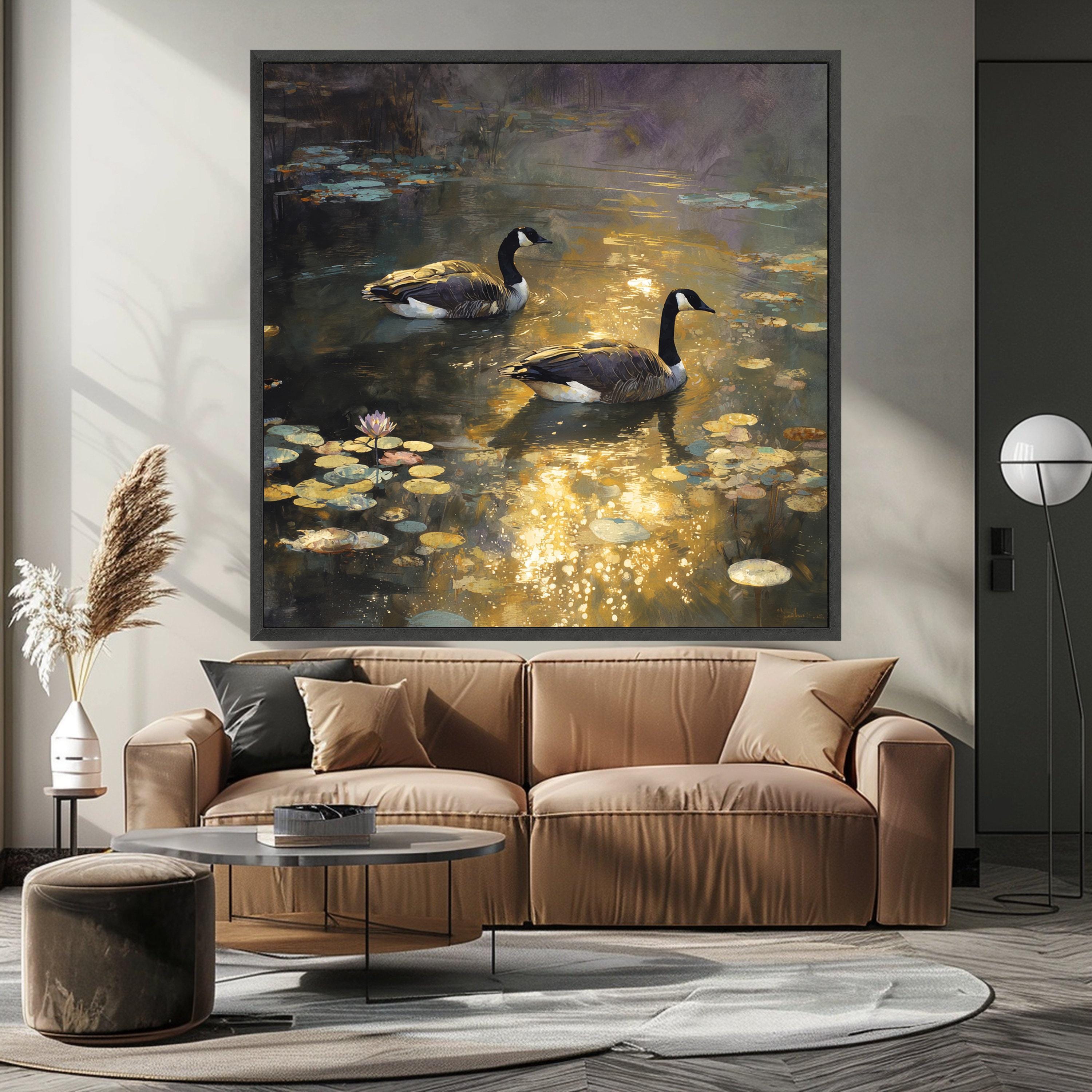 Tranquil Pond Scene with Geese, Water Lilies Canvas Wall Art, Reflective Nature Landscape, Wildlife Painting Print, Golden Hour Home Decor