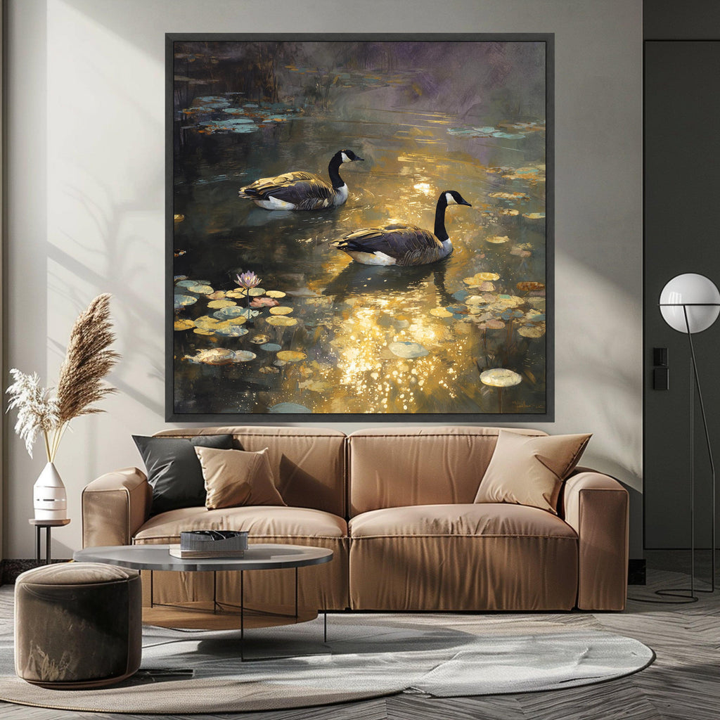 Tranquil Pond Scene with Geese, Water Lilies Canvas Wall Art, Reflective Nature Landscape, Wildlife Painting Print, Golden Hour Home Decor