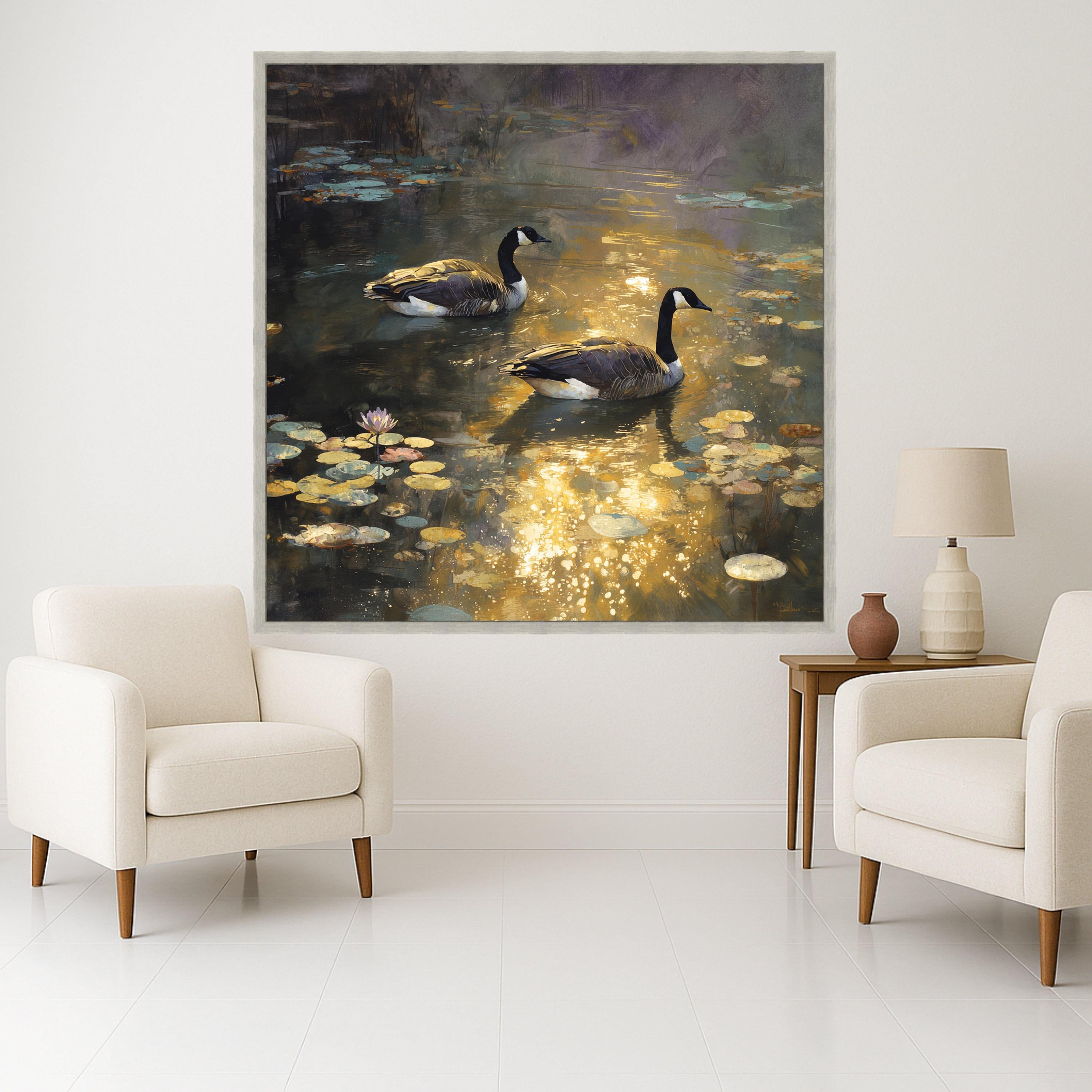 Tranquil Pond Scene with Geese, Water Lilies Canvas Wall Art, Reflective Nature Landscape, Wildlife Painting Print, Golden Hour Home Decor