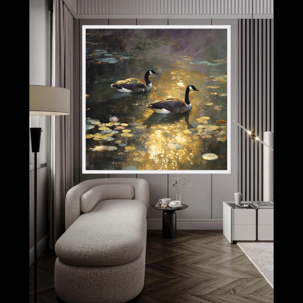 Tranquil Pond Scene with Geese, Water Lilies Canvas Wall Art, Reflective Nature Landscape, Wildlife Painting Print, Golden Hour Home Decor