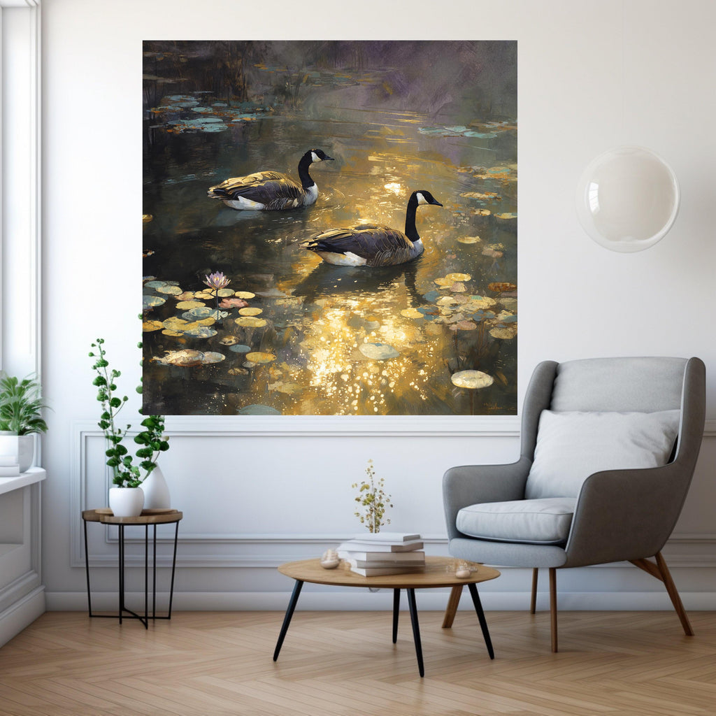 Tranquil Pond Scene with Geese, Water Lilies Canvas Wall Art, Reflective Nature Landscape, Wildlife Painting Print, Golden Hour Home Decor