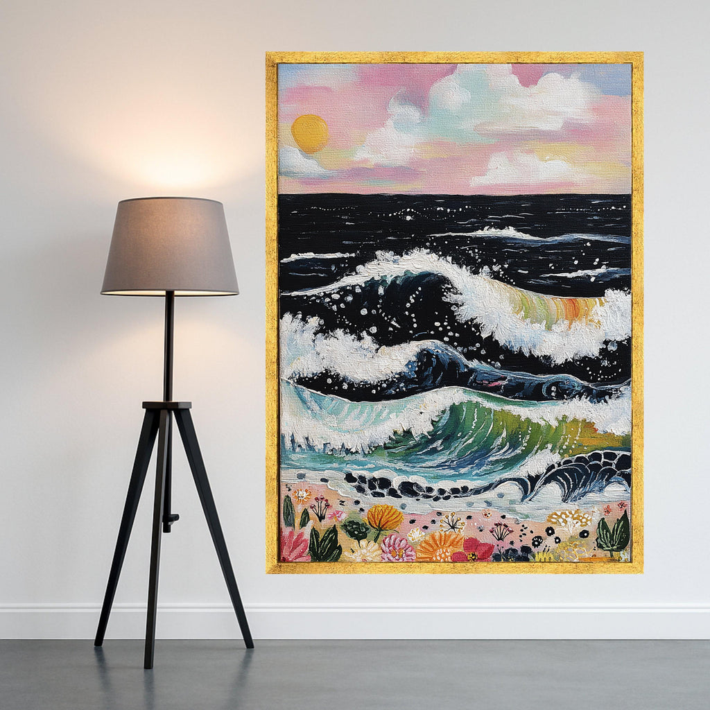 Vibrant Ocean Waves Canvas Wall Art, Colorful Seascape with Waves and Flowers, Sunset Beach Scene, Coastal Nature Canvas, Home Decor