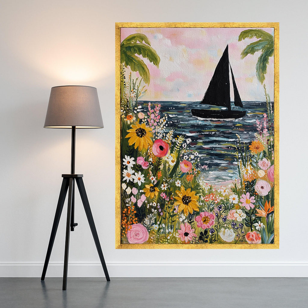 Vibrant Floral Seaside, Sailboat Canvas Wall Art, Tropical Flowers Painting, Ocean Landscape Canvas, Beach Home Decor, Ready to Hang