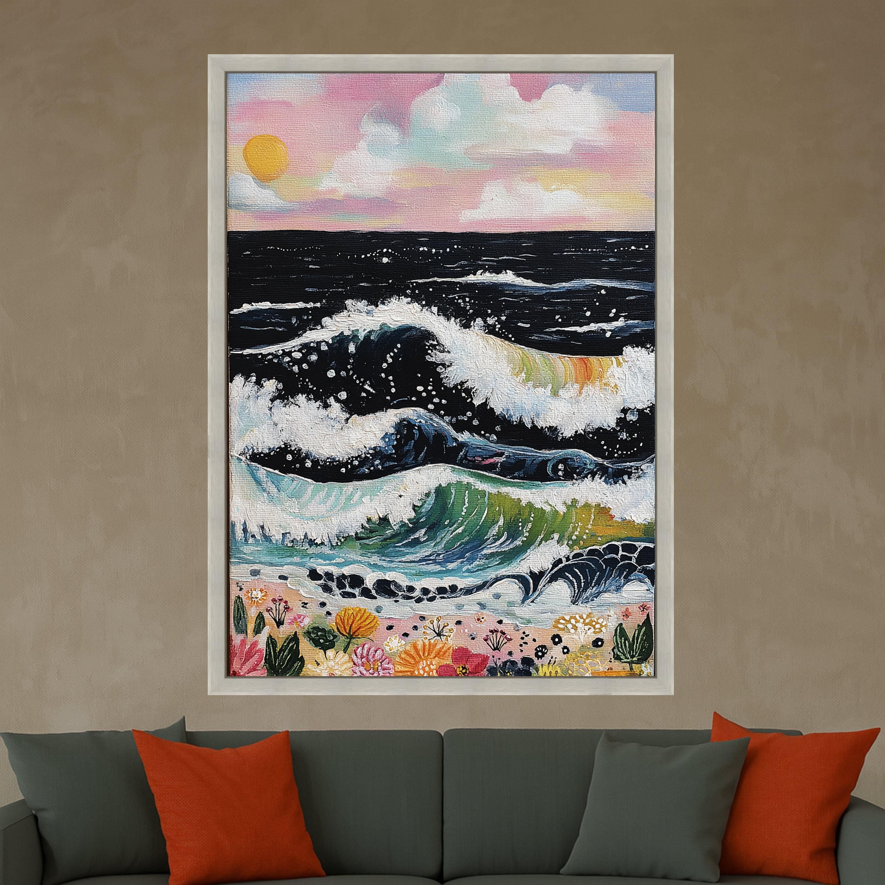 Vibrant Ocean Waves Canvas Wall Art, Colorful Seascape with Waves and Flowers, Sunset Beach Scene, Coastal Nature Canvas, Home Decor