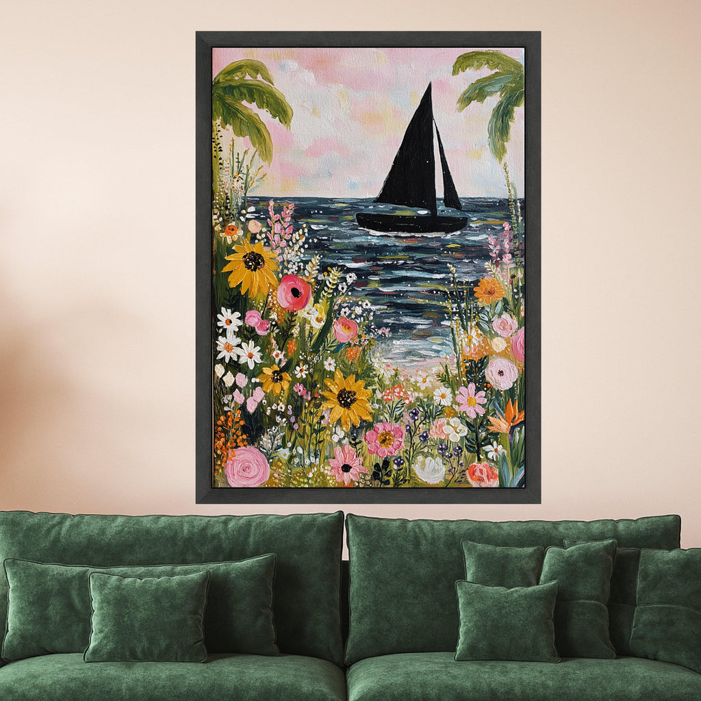 Vibrant Floral Seaside, Sailboat Canvas Wall Art, Tropical Flowers Painting, Ocean Landscape Canvas, Beach Home Decor, Ready to Hang