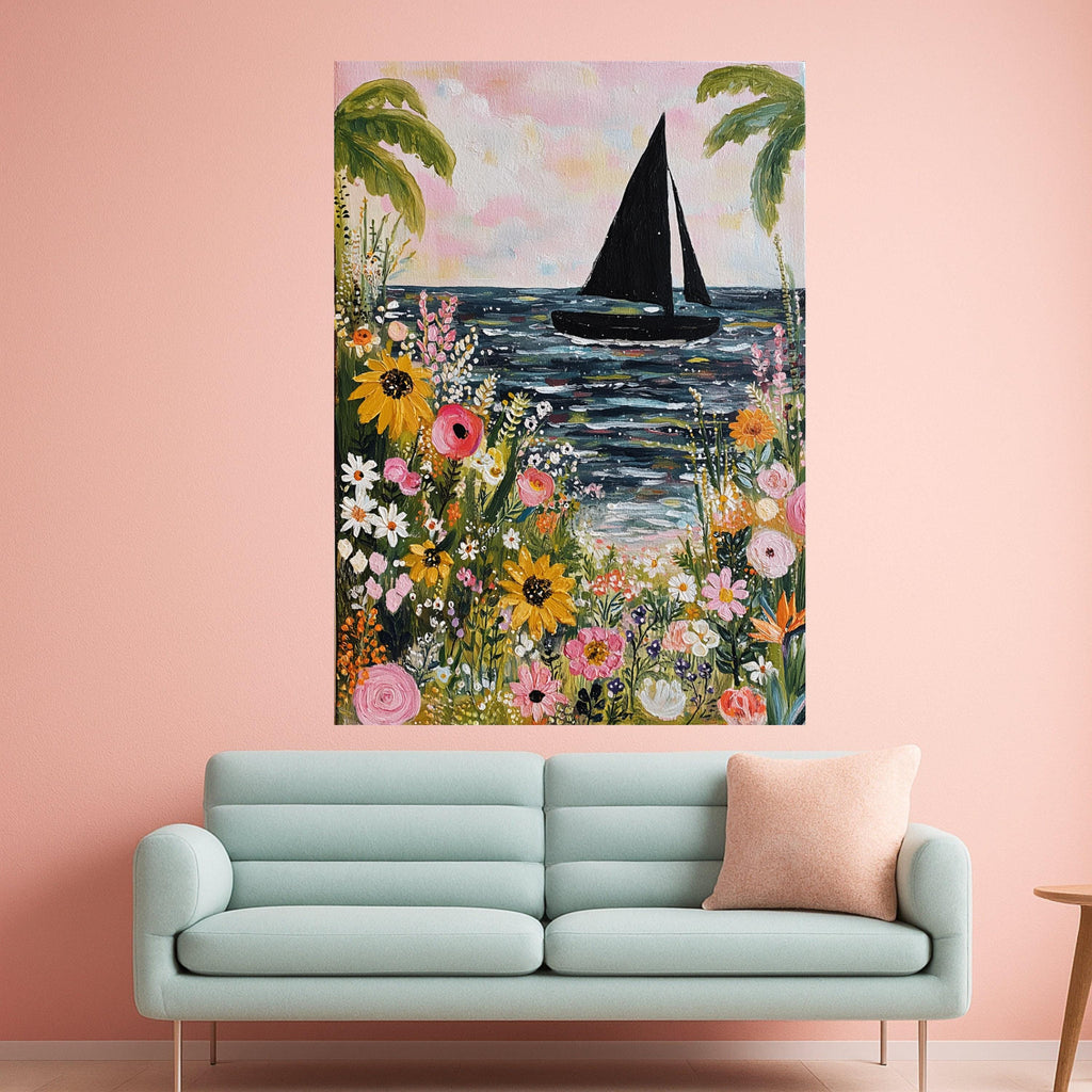 Vibrant Floral Seaside, Sailboat Canvas Wall Art, Tropical Flowers Painting, Ocean Landscape Canvas, Beach Home Decor, Ready to Hang