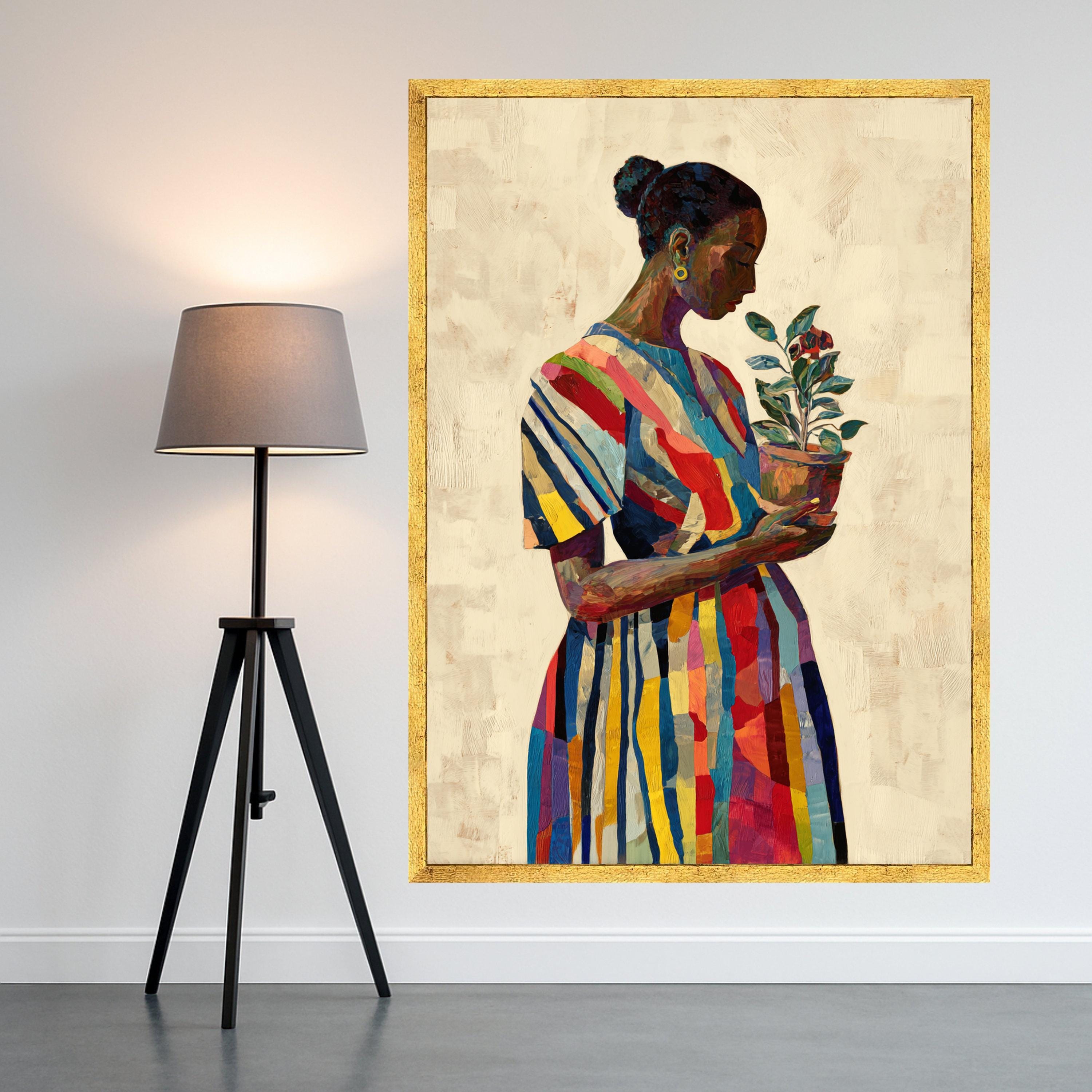 Colorful Striped Dress Woman Holding Potted Plant, Modern Figurative Canvas Wall Art, Vibrant Home Decor Painting, Ready to Hang Canvas