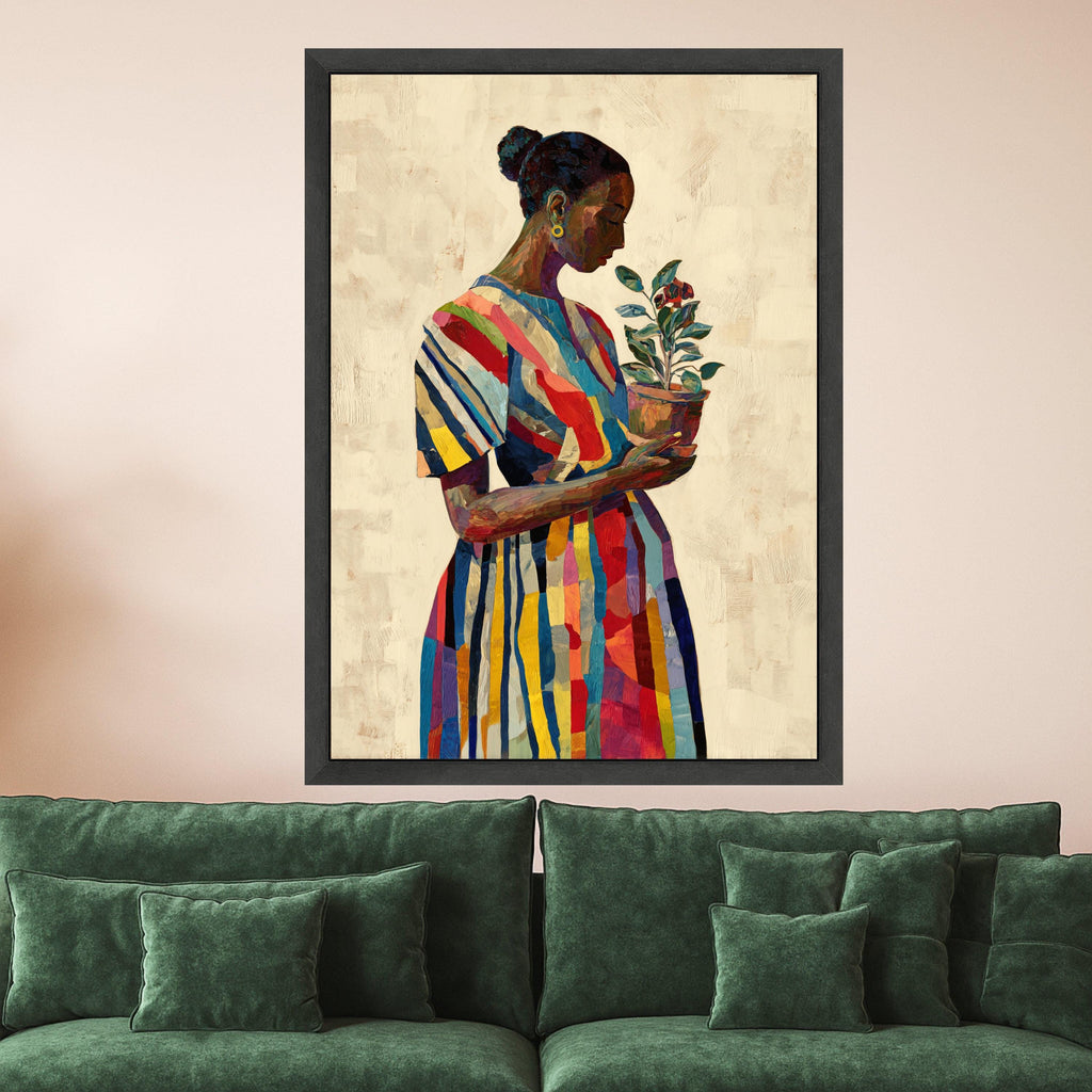 Colorful Striped Dress Woman Holding Potted Plant, Modern Figurative Canvas Wall Art, Vibrant Home Decor Painting, Ready to Hang Canvas