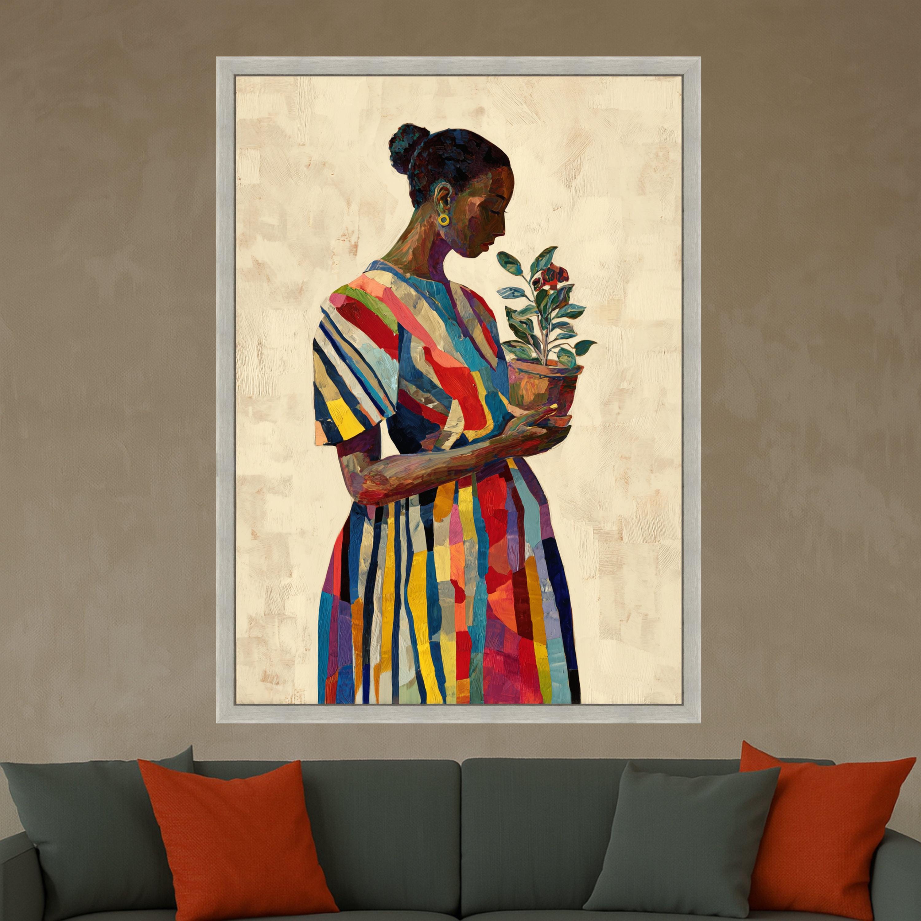 Colorful Striped Dress Woman Holding Potted Plant, Modern Figurative Canvas Wall Art, Vibrant Home Decor Painting, Ready to Hang Canvas