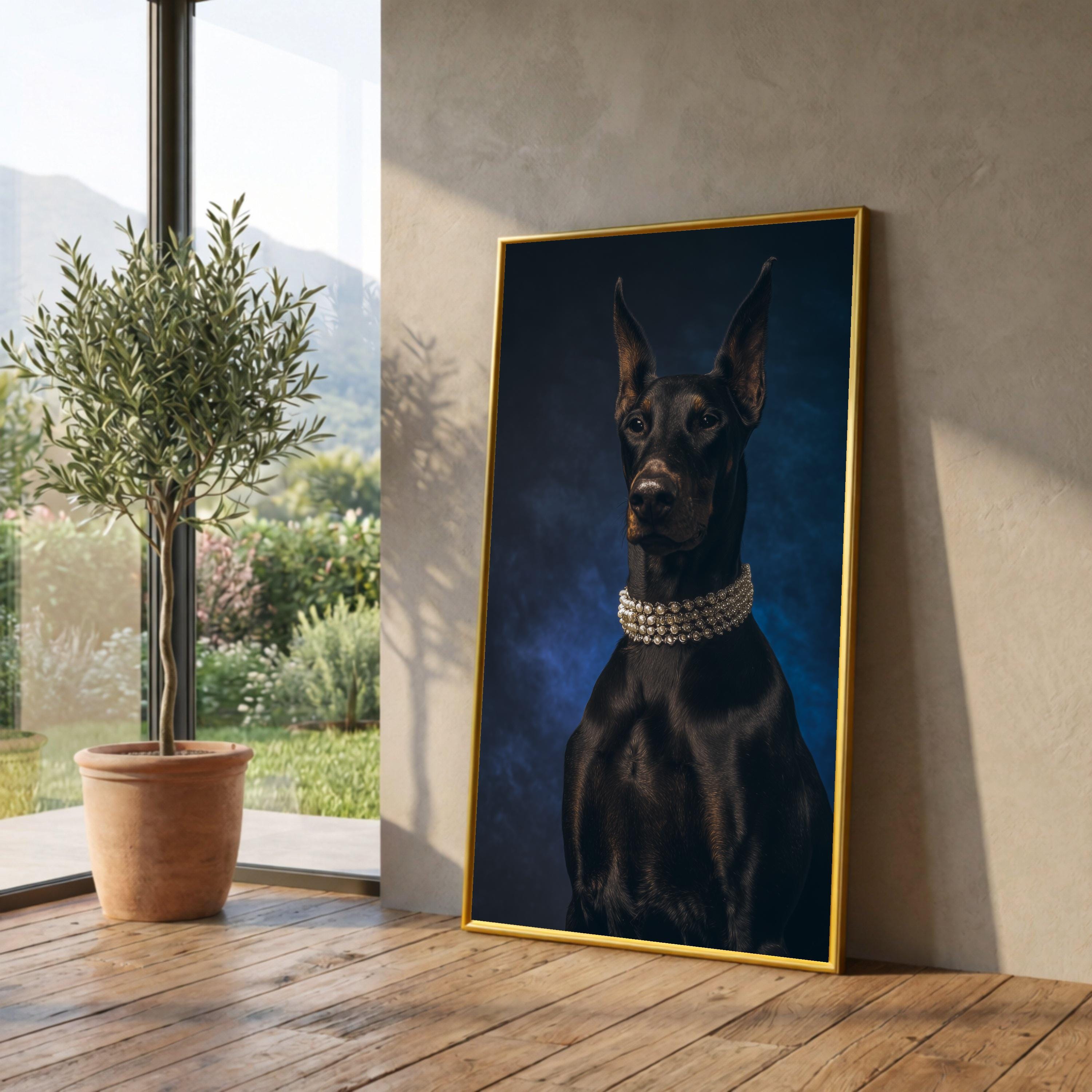 Elegant Doberman Portrait Canvas, Luxe Dog Wall Art, Black Dog with Pearl Necklace, Modern Pet Decor, Statement Animal Canvas