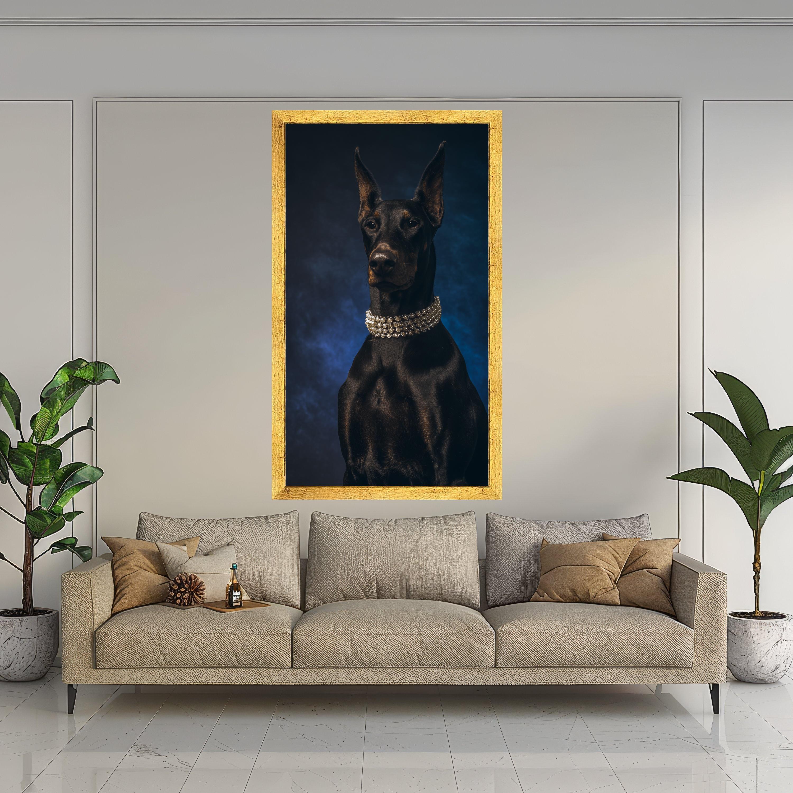Elegant Doberman Portrait Canvas, Luxe Dog Wall Art, Black Dog with Pearl Necklace, Modern Pet Decor, Statement Animal Canvas