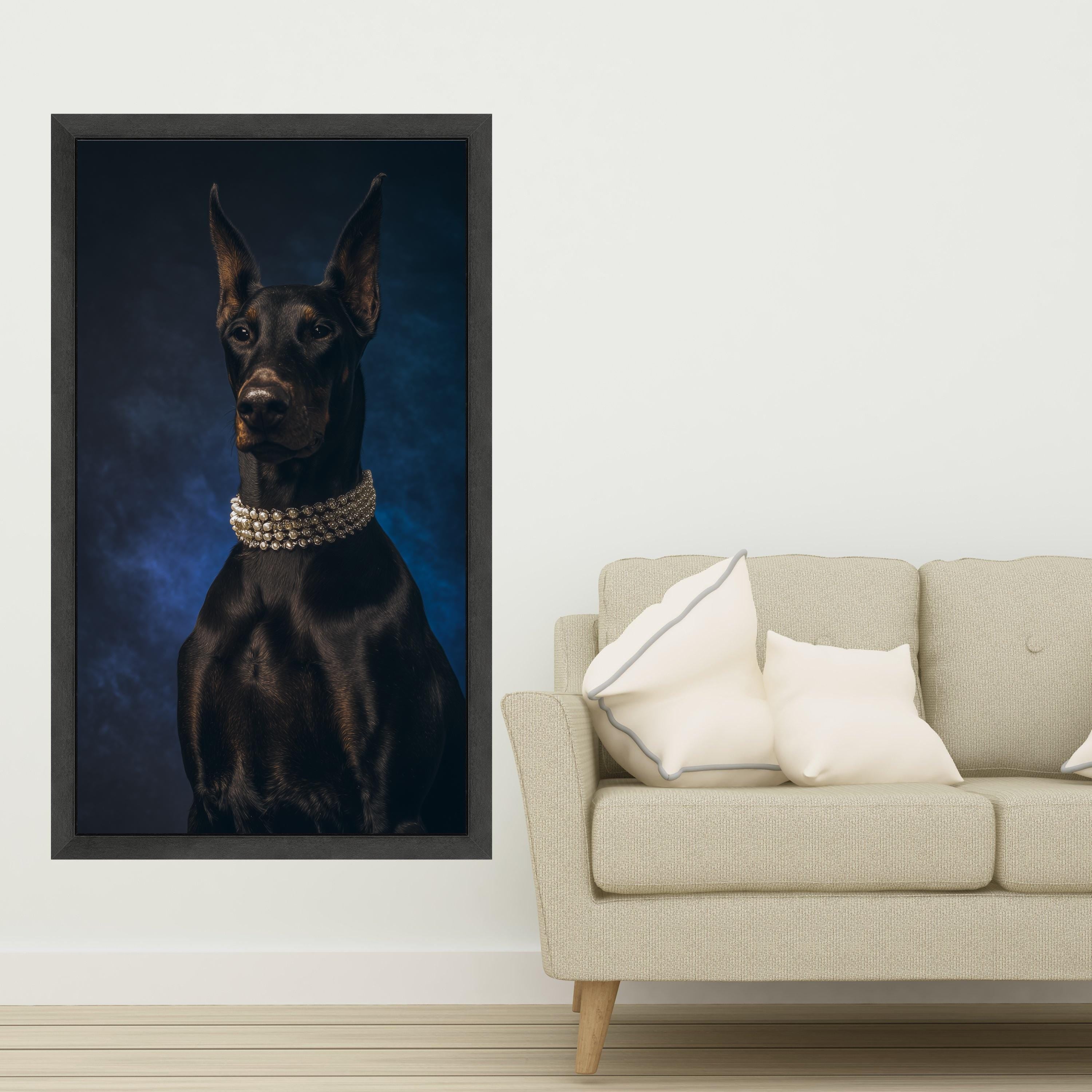 Elegant Doberman Portrait Canvas, Luxe Dog Wall Art, Black Dog with Pearl Necklace, Modern Pet Decor, Statement Animal Canvas
