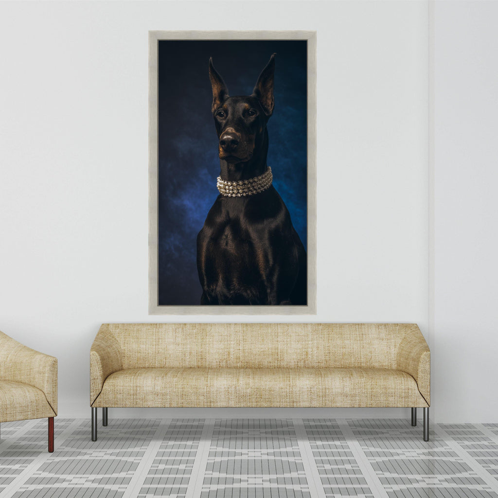 Elegant Doberman Portrait Canvas, Luxe Dog Wall Art, Black Dog with Pearl Necklace, Modern Pet Decor, Statement Animal Canvas