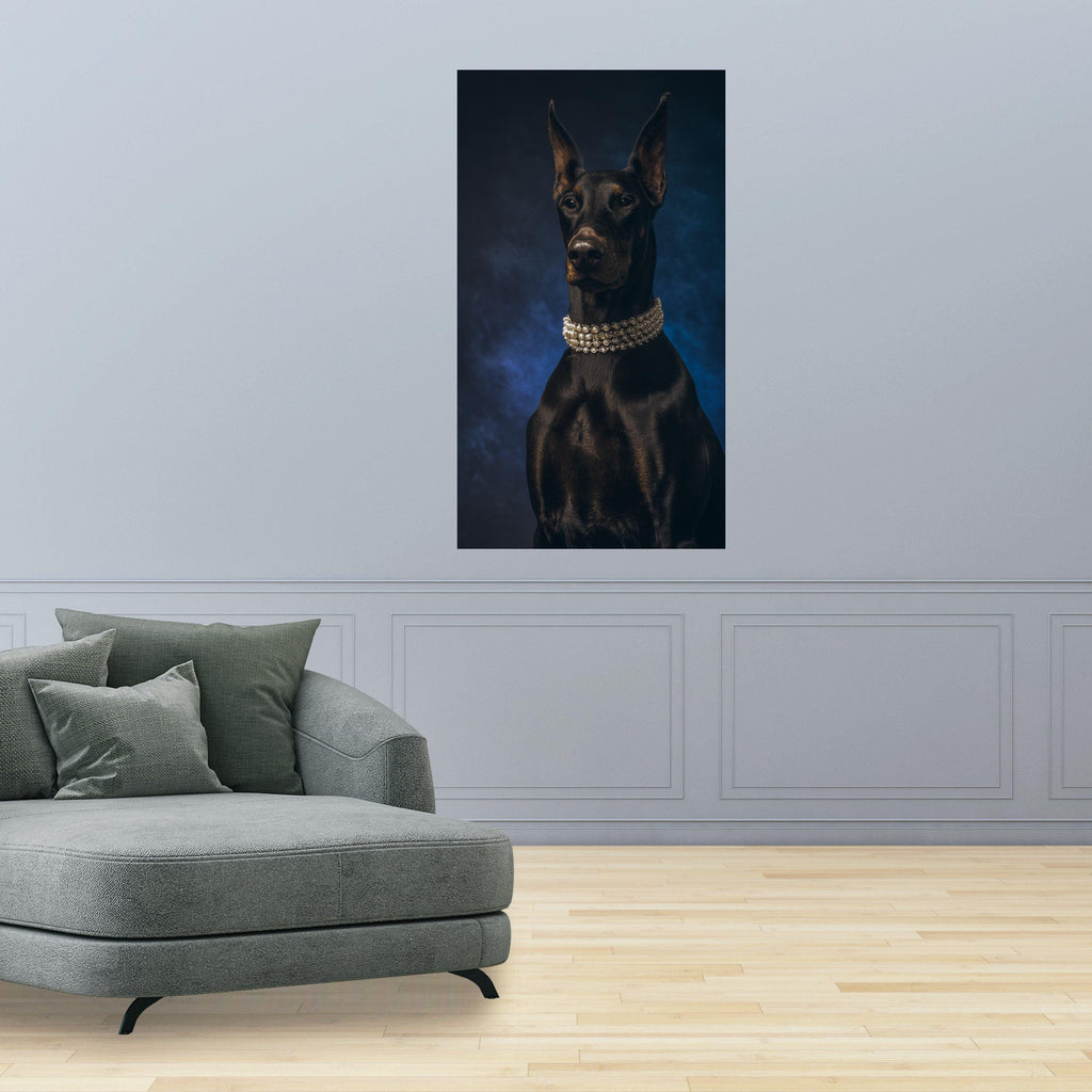 Elegant Doberman Portrait Canvas, Luxe Dog Wall Art, Black Dog with Pearl Necklace, Modern Pet Decor, Statement Animal Canvas