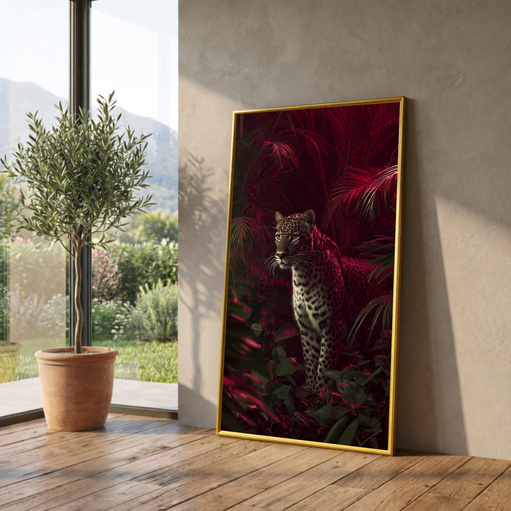 Majestic Leopard in Red Jungle Canvas, Exotic Wildlife Wall Art, Tropical Forest Canvas Decoration, Nature Animal Portrait Art