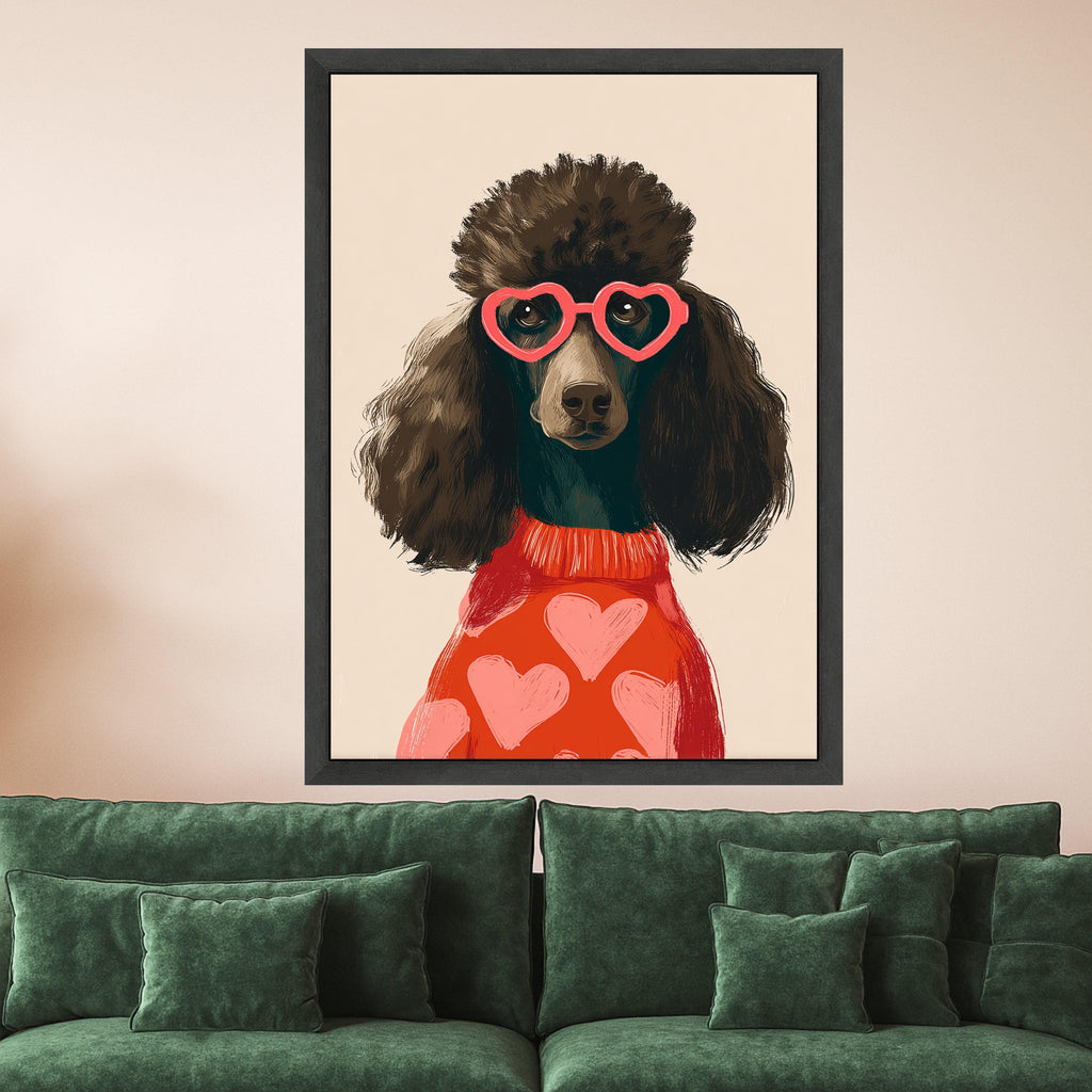 Stylish Poodle Portrait Canvas, Heart Sunglasses Wall Art, Cute Dog Illustration, Modern Animal Canvas, Fun Home Decor, Ready to Hang