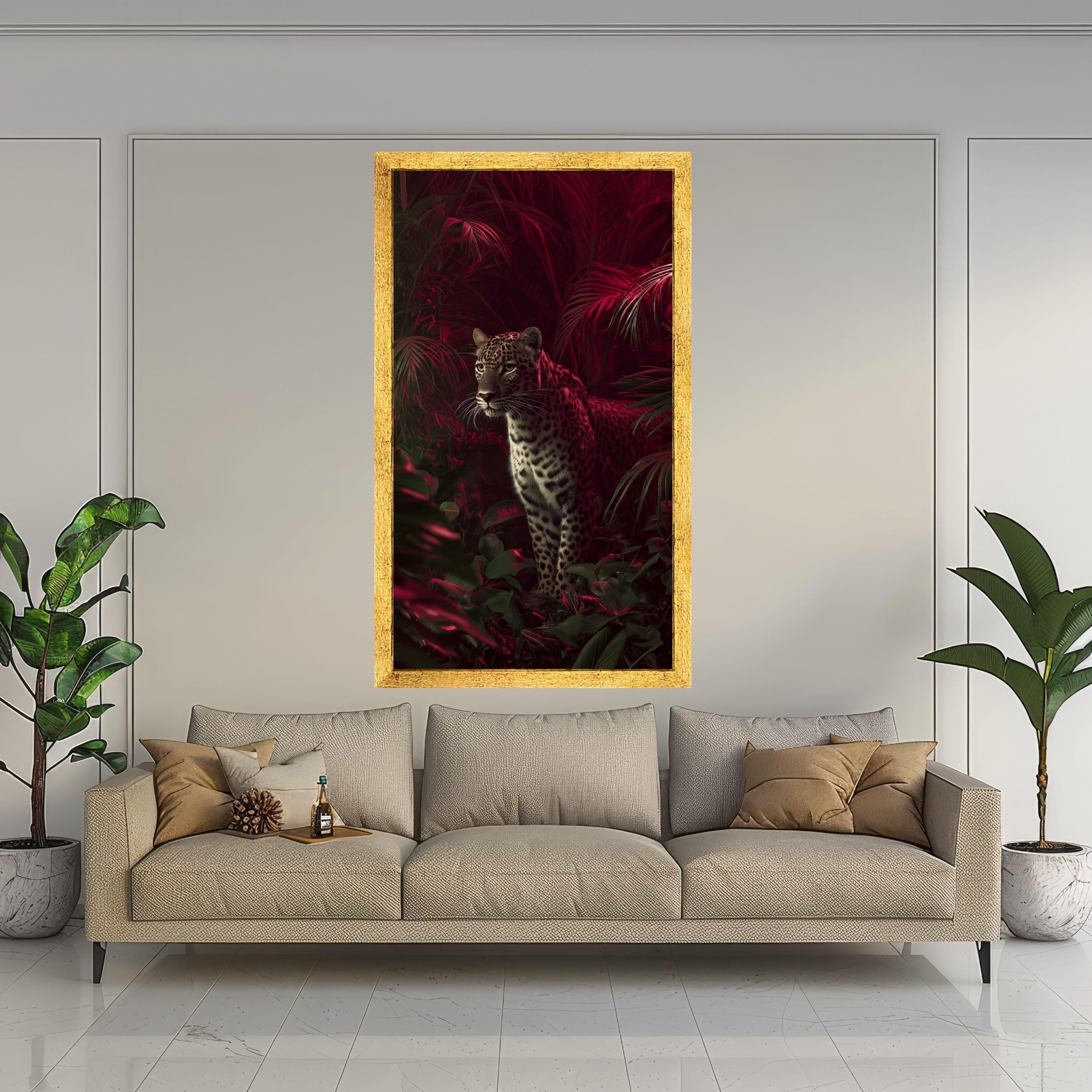 Majestic Leopard in Red Jungle Canvas, Exotic Wildlife Wall Art, Tropical Forest Canvas Decoration, Nature Animal Portrait Art