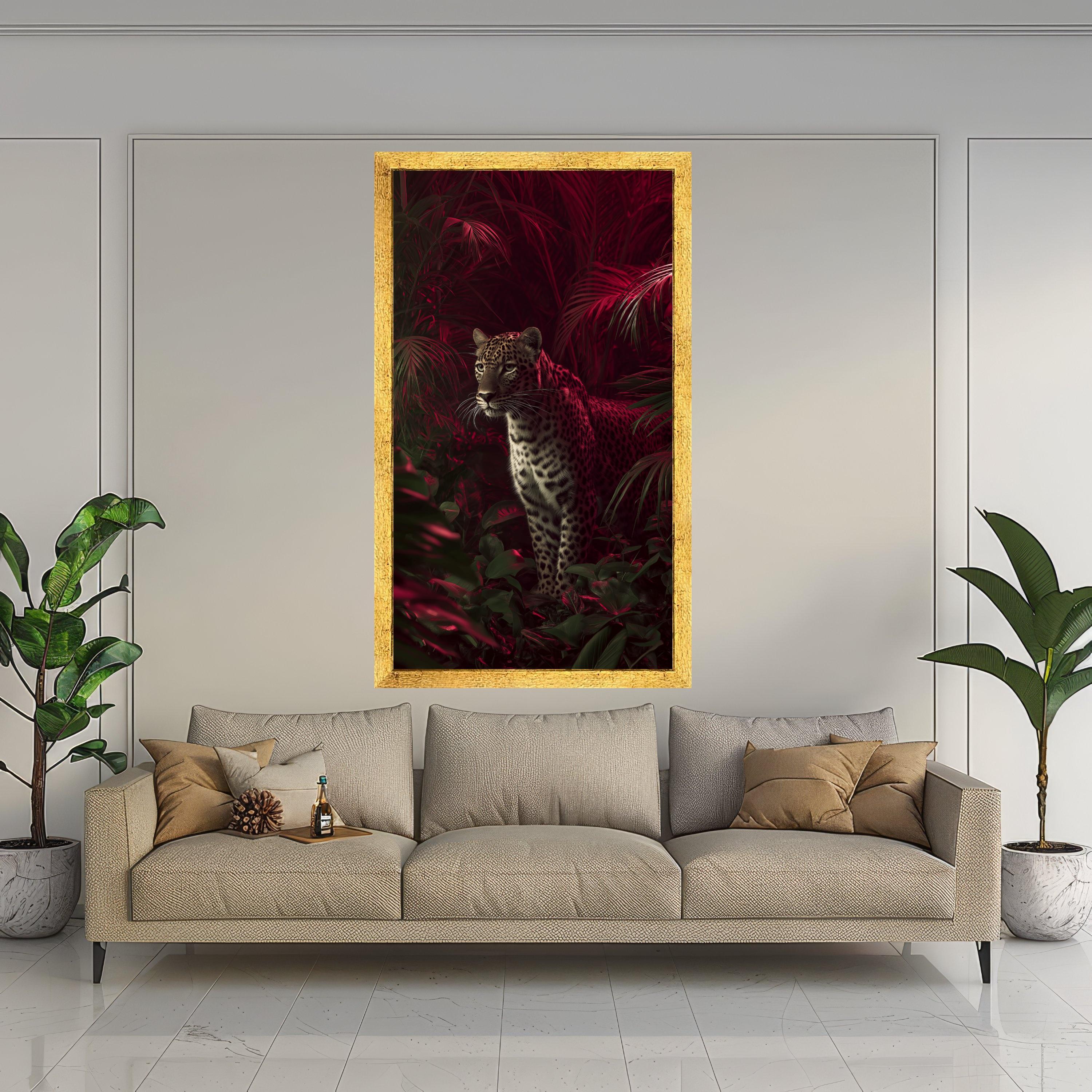 Majestic Leopard in Red Jungle Canvas, Exotic Wildlife Wall Art, Tropical Forest Canvas Decoration, Nature Animal Portrait Art