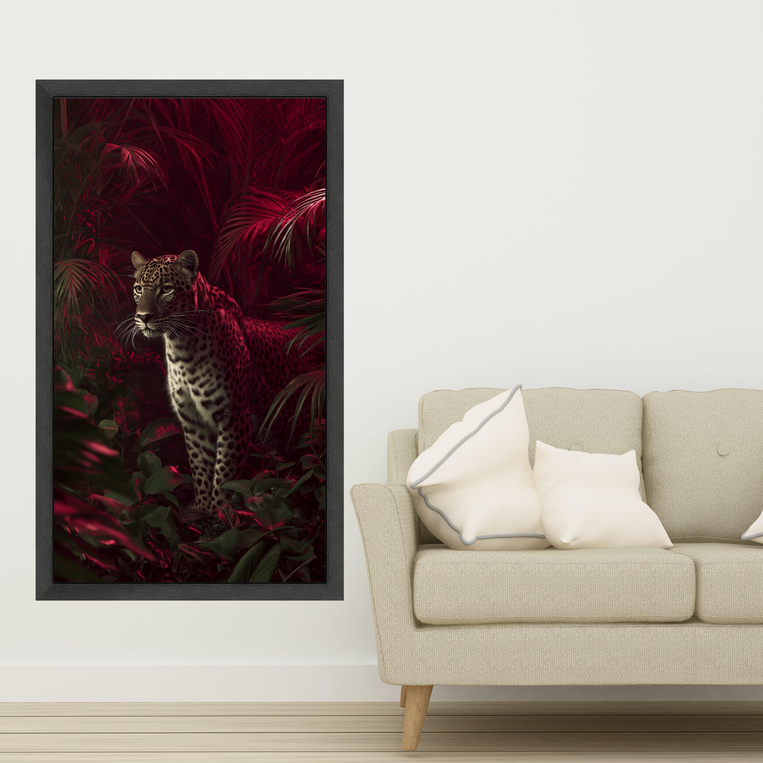 Majestic Leopard in Red Jungle Canvas, Exotic Wildlife Wall Art, Tropical Forest Canvas Decoration, Nature Animal Portrait Art