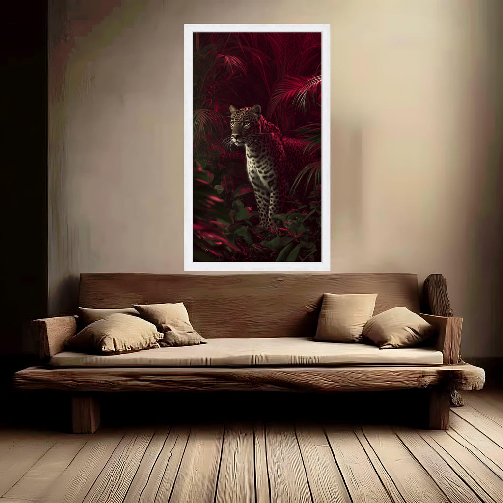 Majestic Leopard in Red Jungle Canvas, Exotic Wildlife Wall Art, Tropical Forest Canvas Decoration, Nature Animal Portrait Art