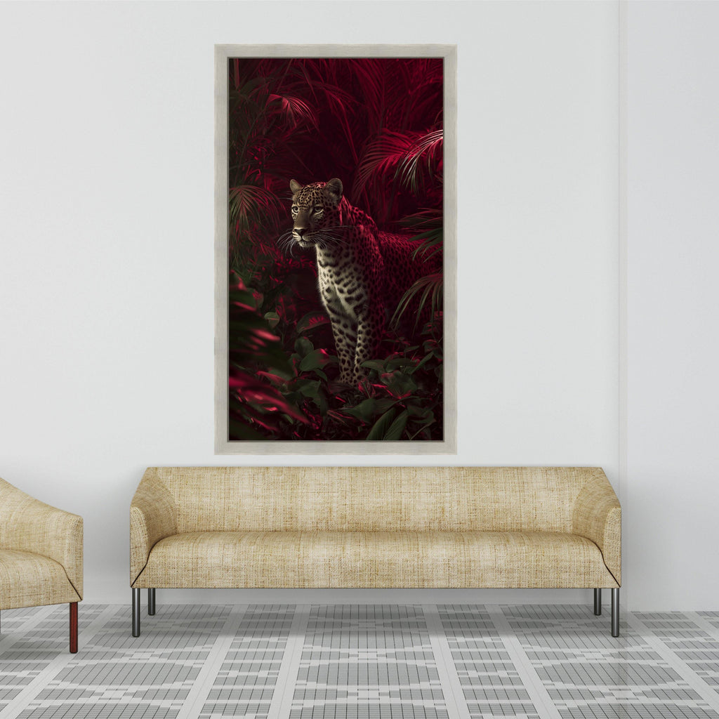Majestic Leopard in Red Jungle Canvas, Exotic Wildlife Wall Art, Tropical Forest Canvas Decoration, Nature Animal Portrait Art