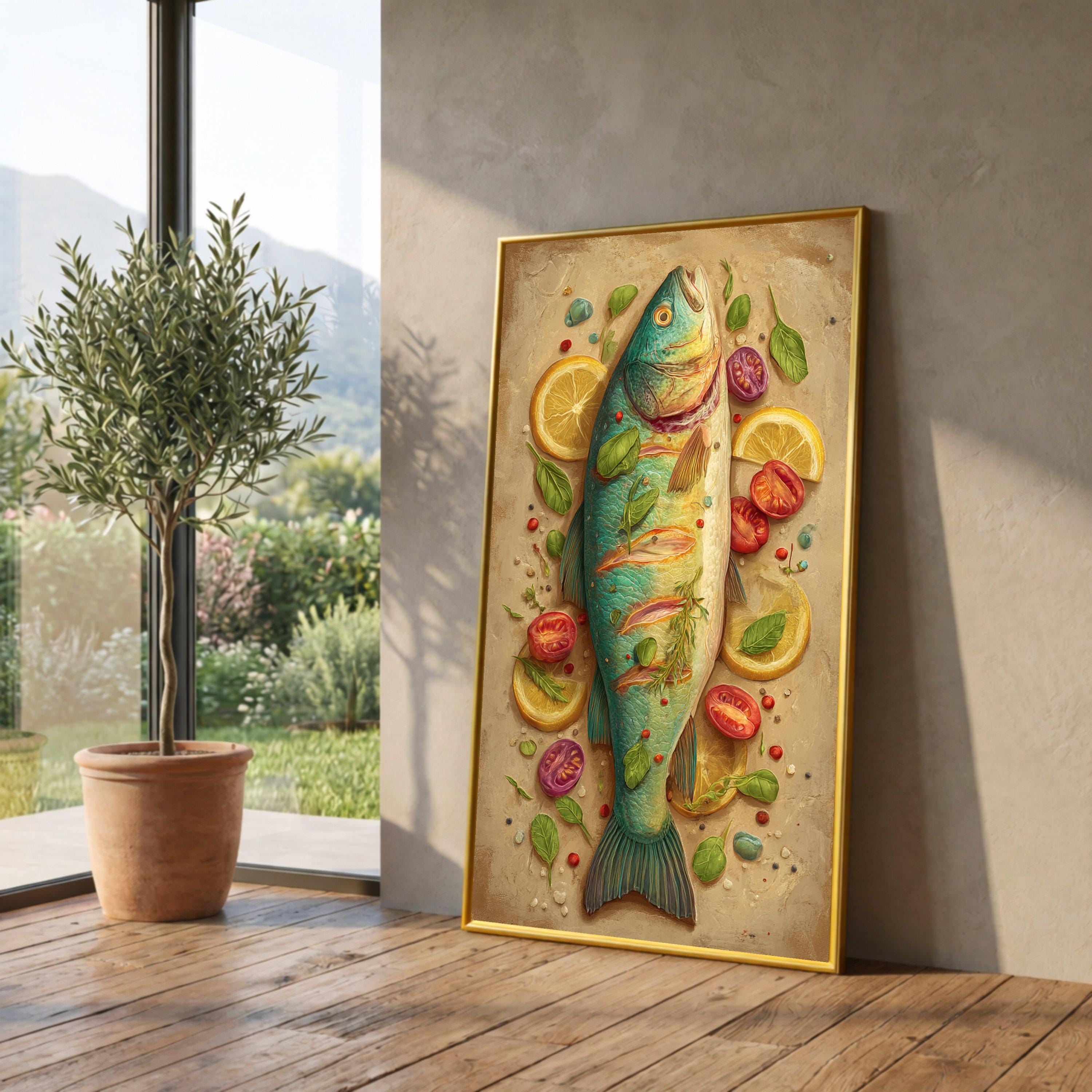 Fresh Fish and Herbs Canvas Wall Art, Culinary Kitchen Decor, Lemon and Tomato Still Life Painting, Gourmet Food Canvas, Rustic Home