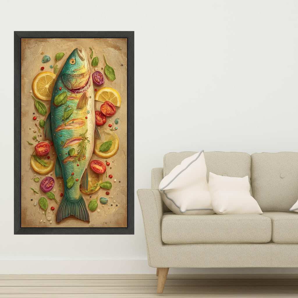 Fresh Fish and Herbs Canvas Wall Art, Culinary Kitchen Decor, Lemon and Tomato Still Life Painting, Gourmet Food Canvas, Rustic Home