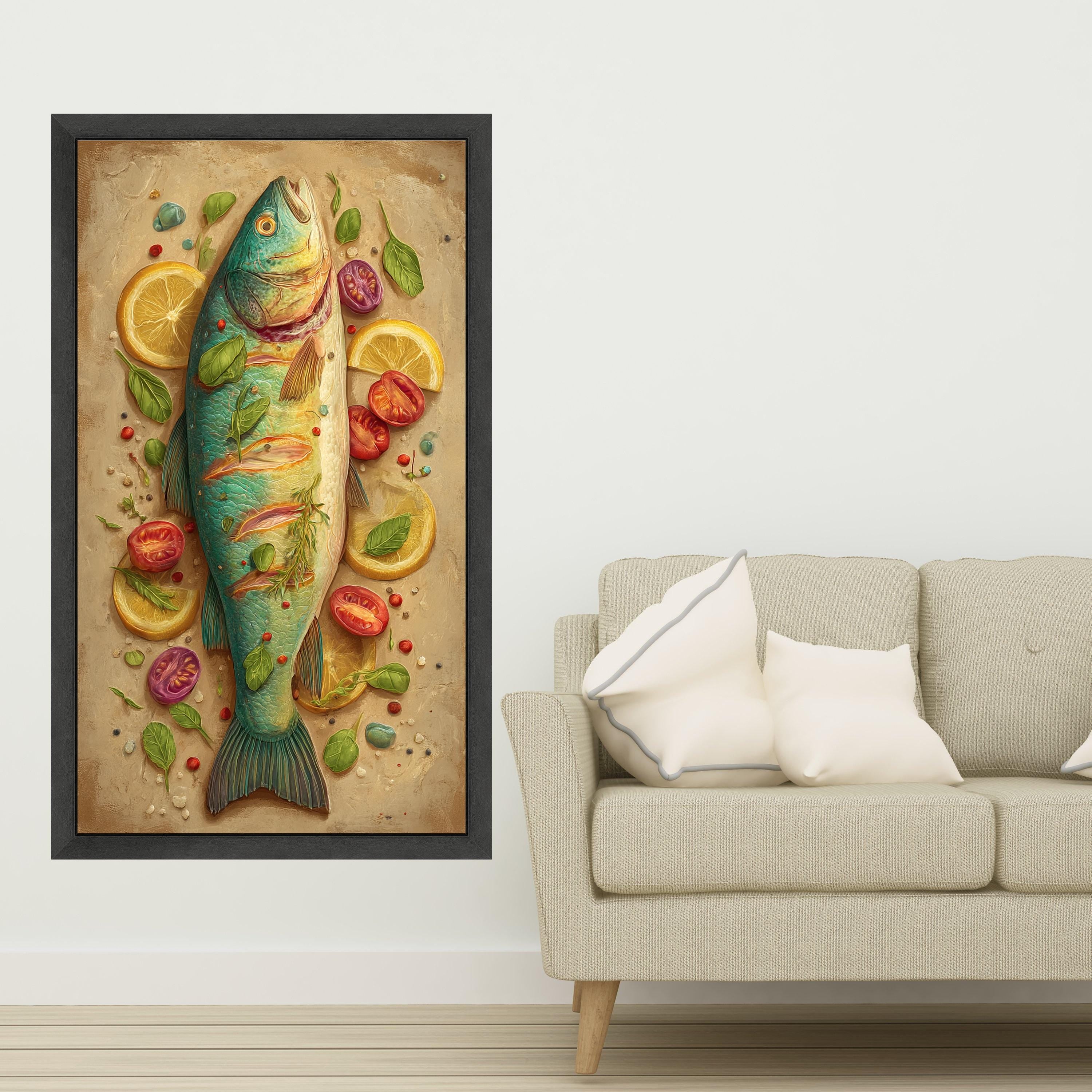 Fresh Fish and Herbs Canvas Wall Art, Culinary Kitchen Decor, Lemon and Tomato Still Life Painting, Gourmet Food Canvas, Rustic Home