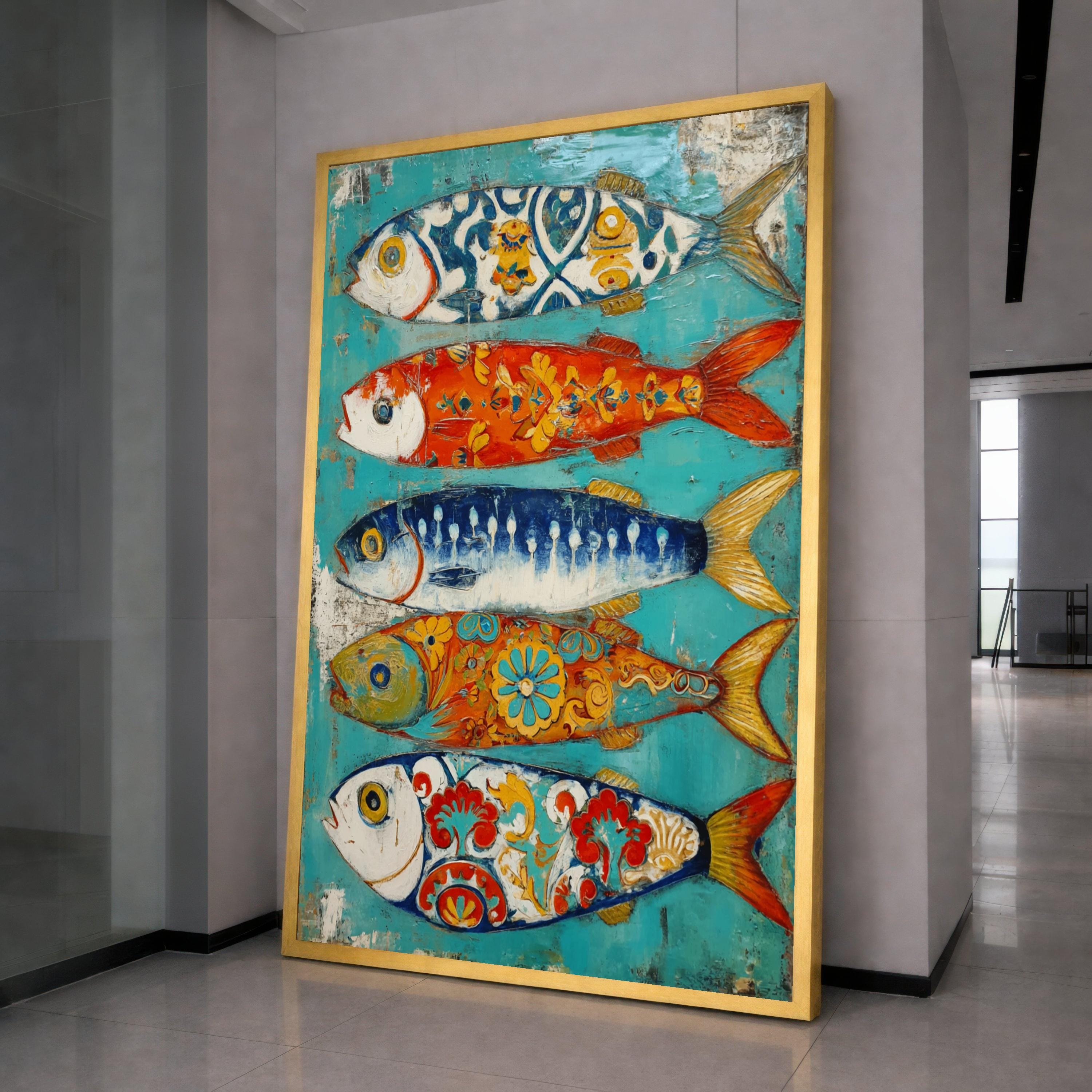 Colorful Patterned Fish Canvas, Nautical Wall Art, Coastal Home Decor, Vibrant Fish Painting, Ocean Inspired Canvas Art, Ready to Hang