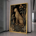 Elegant Cheetah and Tropical Foliage Canvas, Gold and Black Wildlife Wall Art, Exotic Jungle Animal Illustration, Modern Nature Decoration