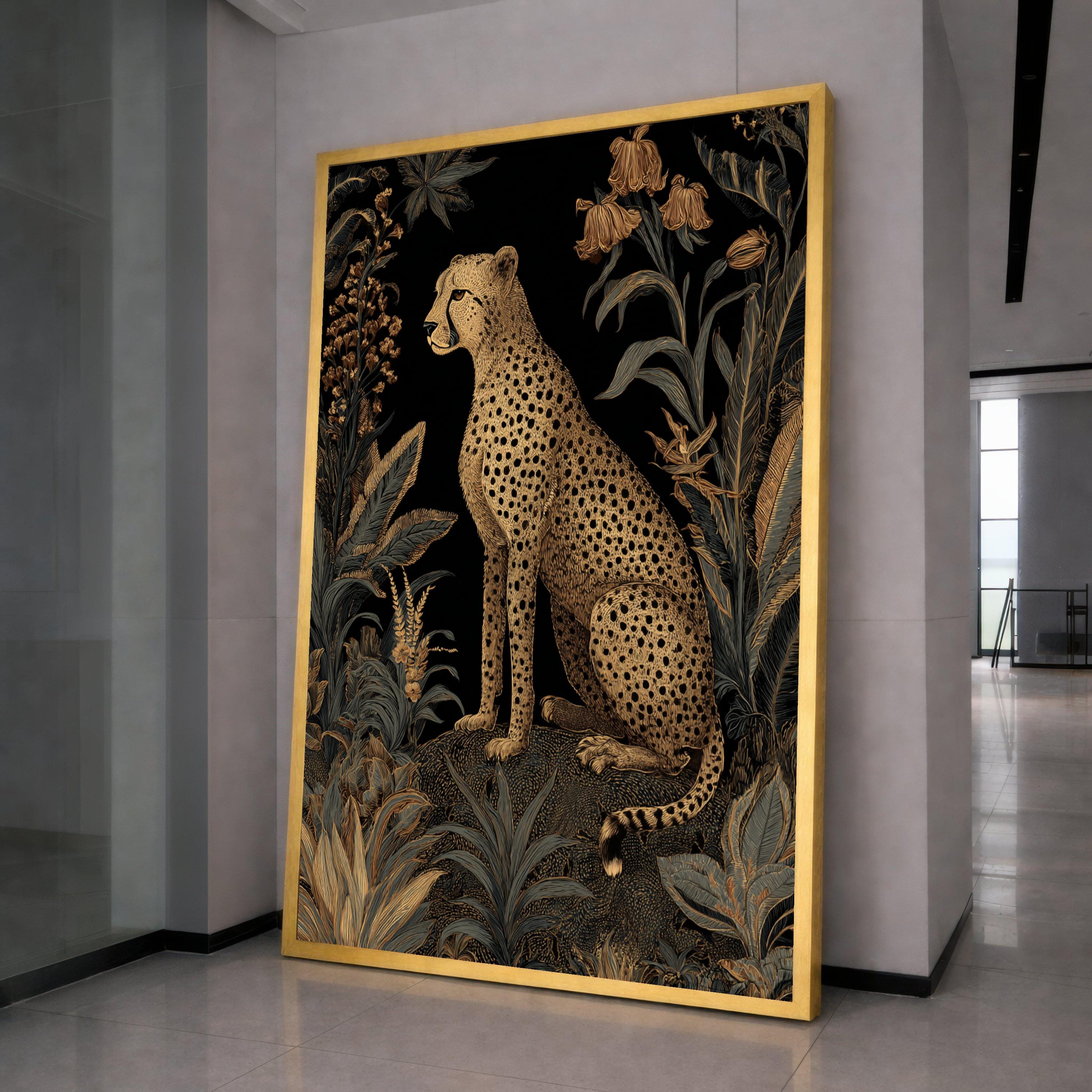 Elegant Cheetah and Tropical Foliage Canvas, Gold and Black Wildlife Wall Art, Exotic Jungle Animal Illustration, Modern Nature Decoration