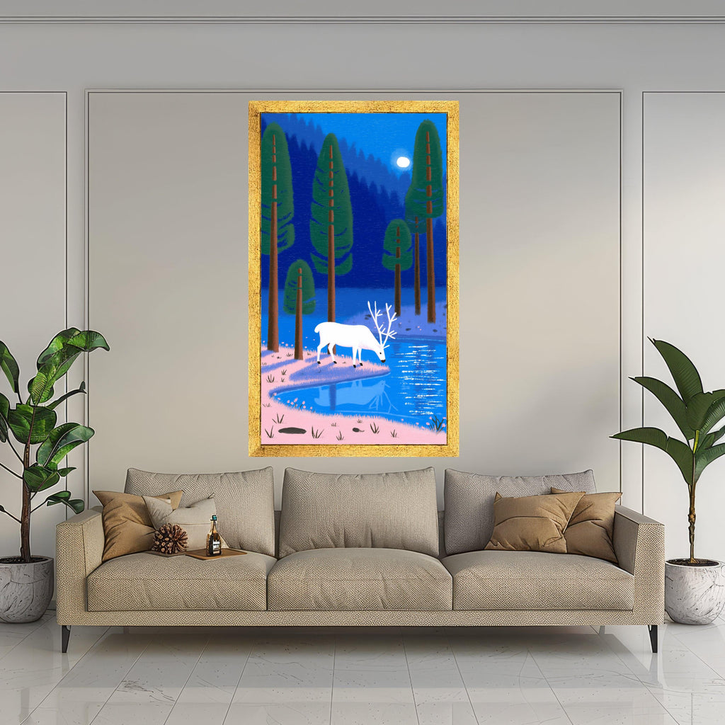 White Deer by Moonlit Forest Lake, Serene Nature Canvas Wall Art, Woodland Landscape Painting, Tranquil Animal Art Decor, Ready to Hang