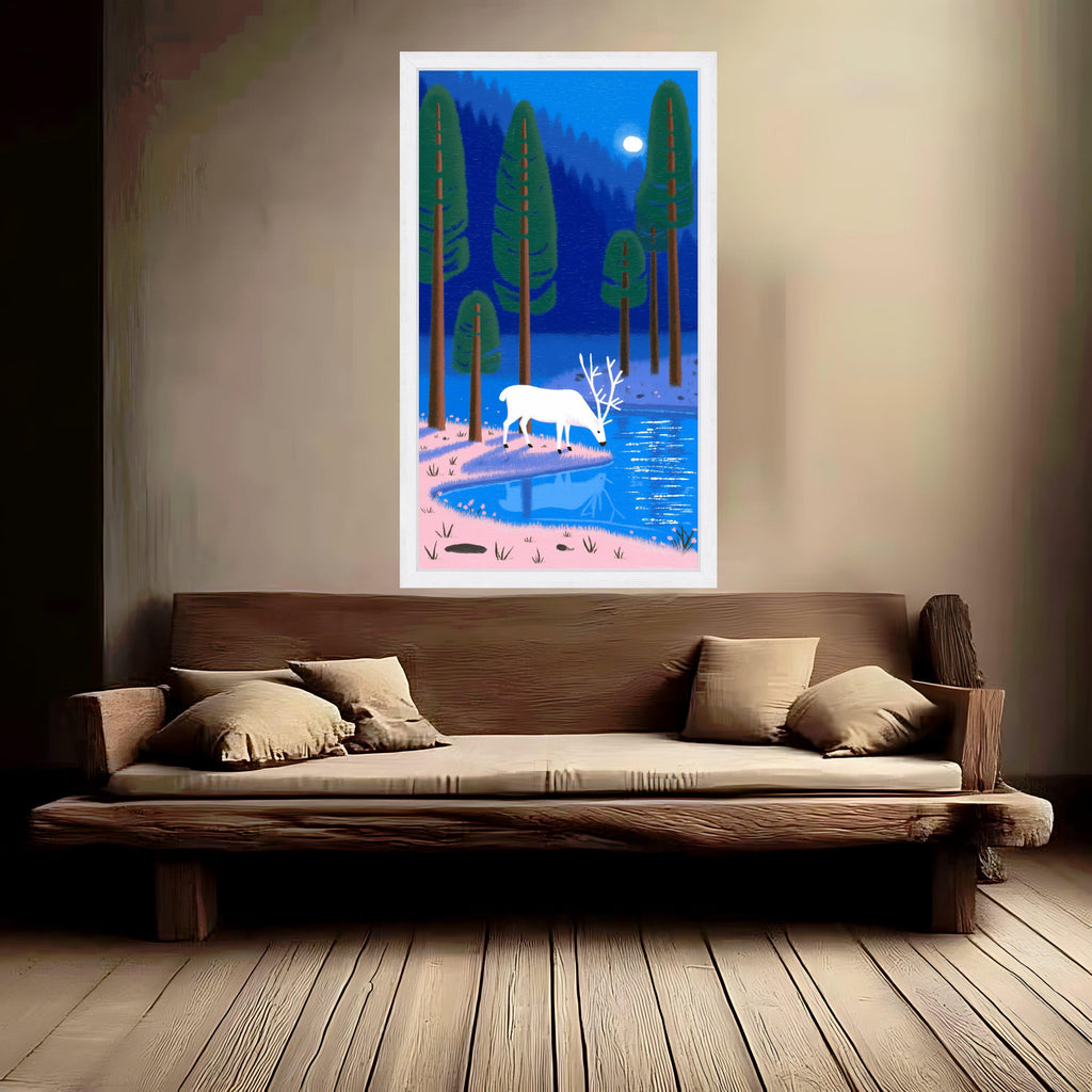 White Deer by Moonlit Forest Lake, Serene Nature Canvas Wall Art, Woodland Landscape Painting, Tranquil Animal Art Decor, Ready to Hang