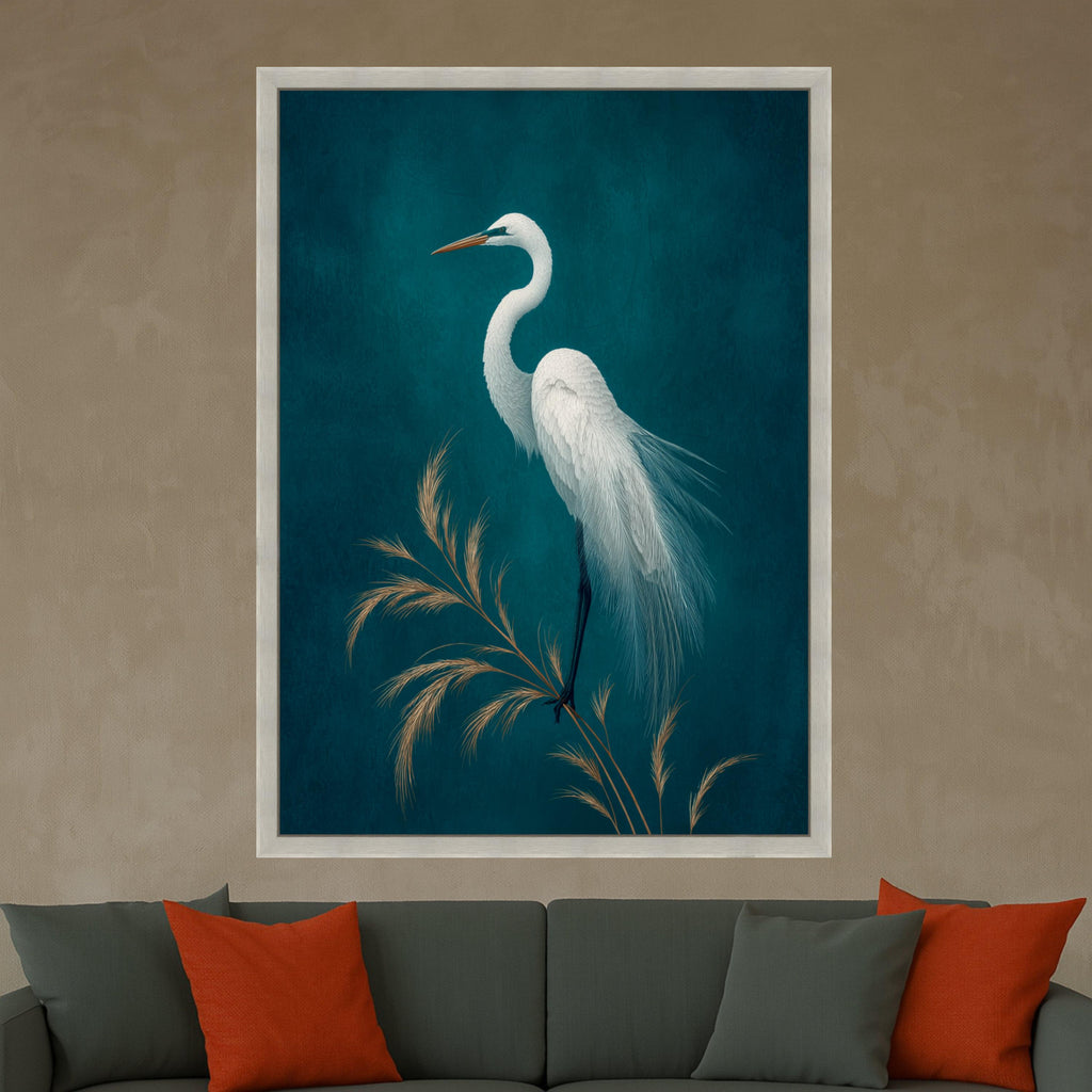 Elegant White Egret Bird Canvas, Minimalist Nature Wall Art, Feathered Wildlife Print, Blue Background Home Decoration, Tranquil Animal