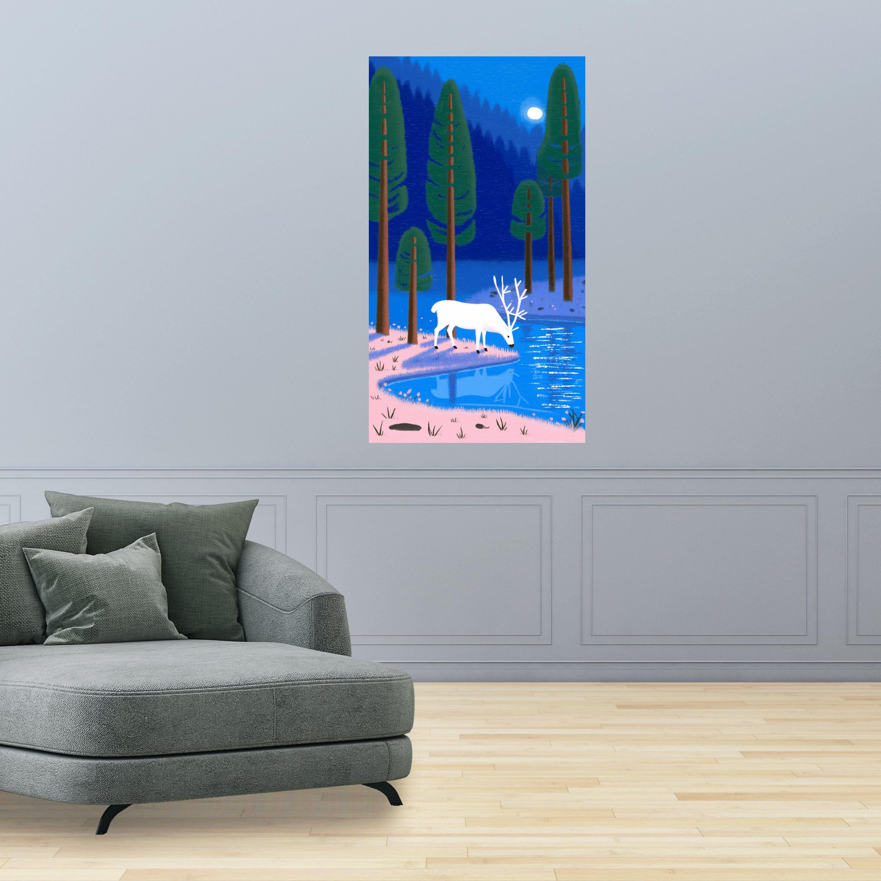 White Deer by Moonlit Forest Lake, Serene Nature Canvas Wall Art, Woodland Landscape Painting, Tranquil Animal Art Decor, Ready to Hang