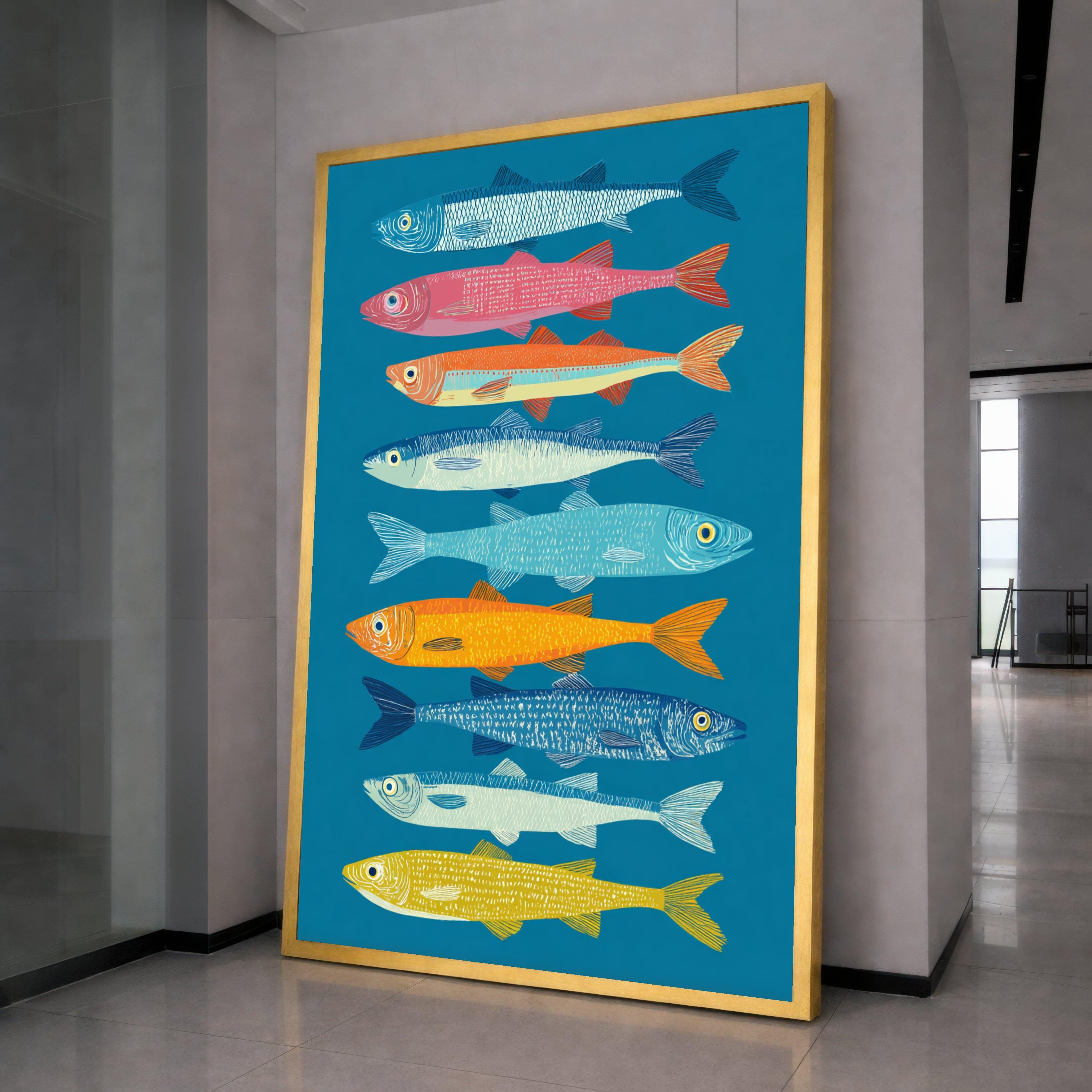 Vibrant Colorful Sardines Canvas Wall Art, Nautical Fish Illustration, Coastal Home Decoration, Modern Marine Wall Art, Sea Life Canvas